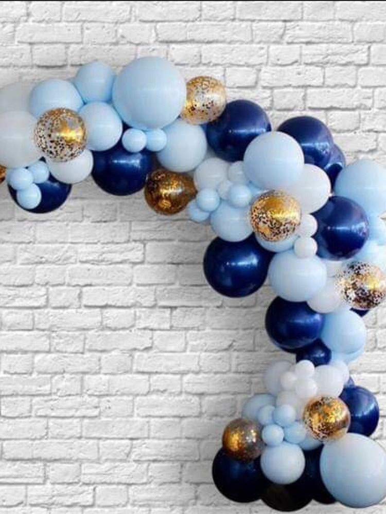 112 Pcs Blue Gold & White Balloons Set - 12 inch & 5 inch Sky Blue, Light Blue, Gold Confetti, White Balloons for Royal Baby Shower Decorations, Birthday Parties, Gender Reveal Events and Wedding Decor