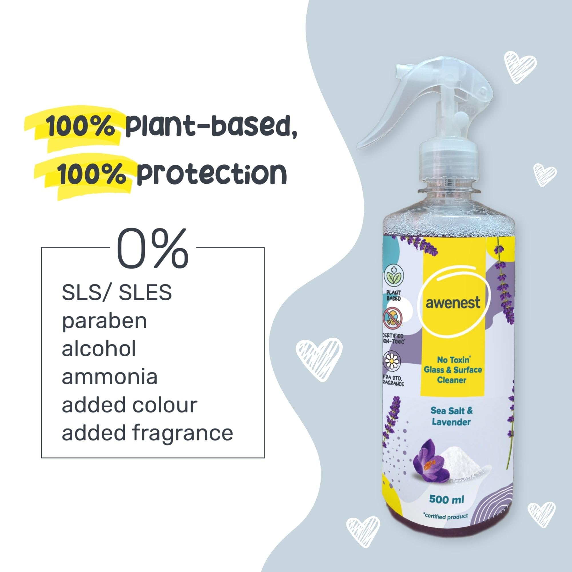 Awenest Organic Plant-Based Glass & Multipurpose Cleaner Concentrate Refill with Sea Salt & Lavender | All-Purpose Cleaner for Windows, Mirrors, Kitchen, Bathroom | Eco-Friendly Stain Remover | Perfect for Homes, Offices & Commercial Use (500ml)