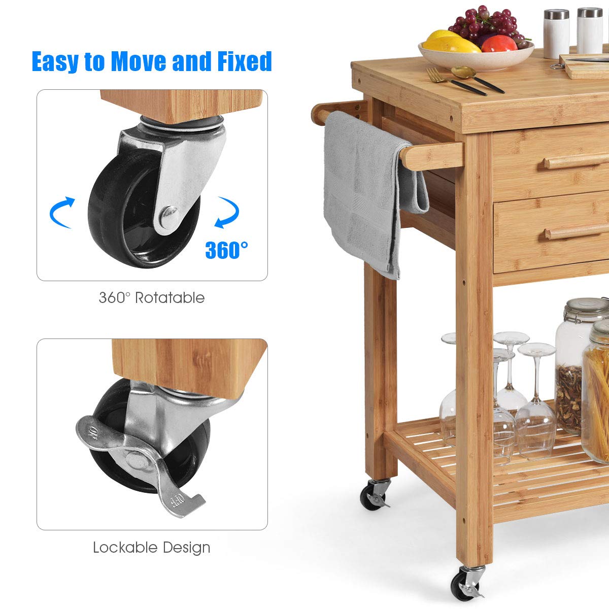 **Giantex Bamboo Kitchen Island Cart with 2 Drawers, Towel Rack & Locking Casters - Natural Wood Rolling Kitchen Trolley for Small Spaces, Dining Room & Food Prep**