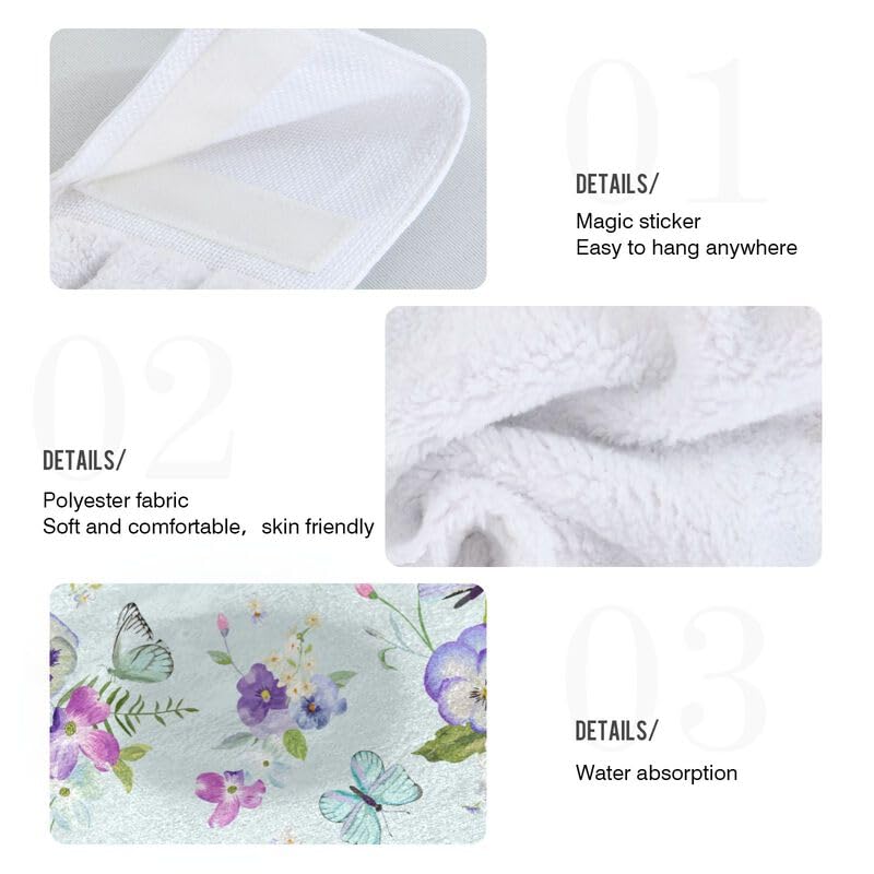 Butterfly Hand Towels Set of 2 - Absorbent Kitchen Dish Cloths with Hanging Loops for Oven, Stove & Bathroom - Floral Decorative Washcloths for Home & Kitchen Use