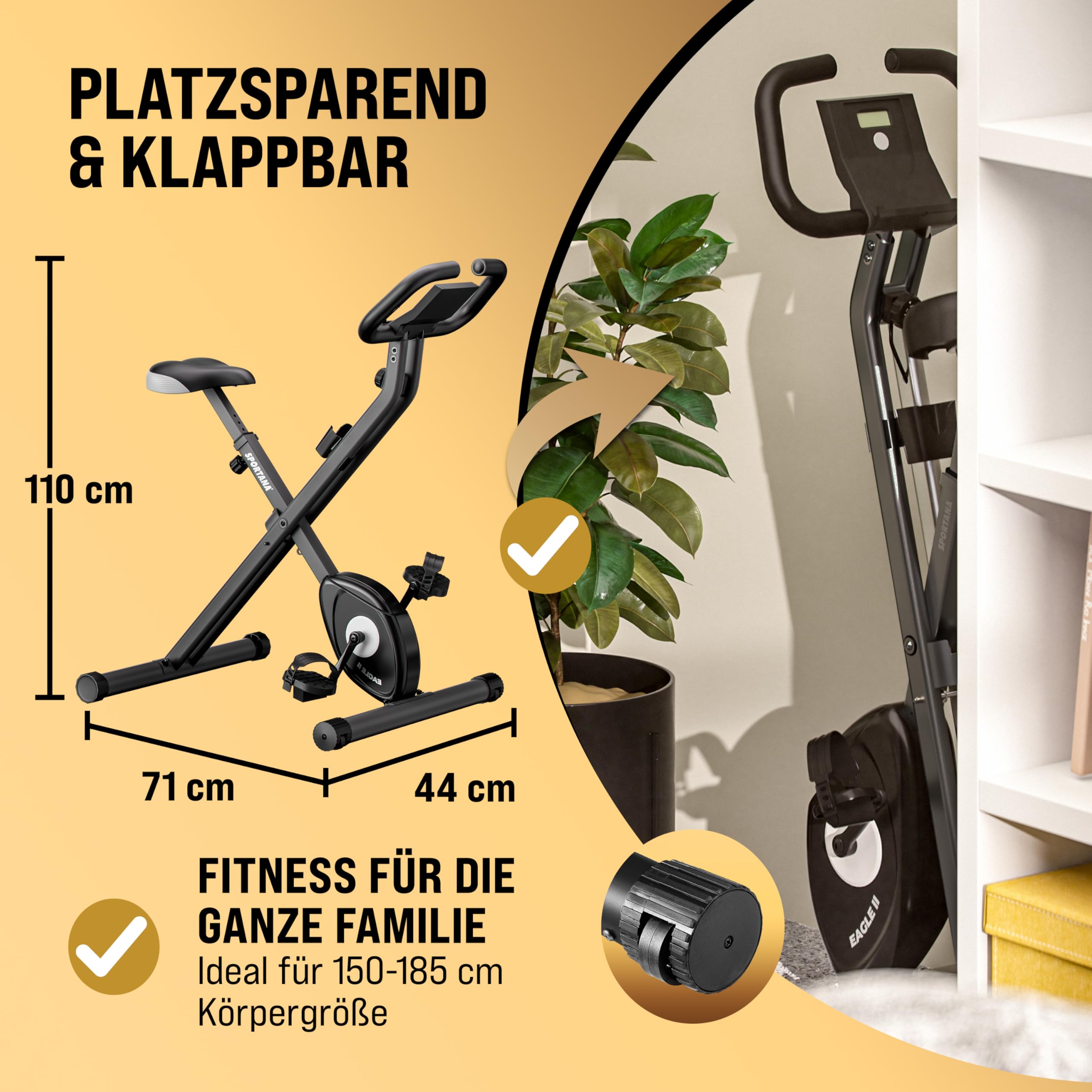 SPORTANA® Foldable Exercise Bike for Home Gym - 140KG Weight Capacity, 7 Seat Heights, LCD Display, Training App, 2 Resistance Bands - 4-in-1 Cardio Machine for Indoor Cycling & Full-Body Workout | Perfect for Home Fitness, Weight Loss & Endurance Training