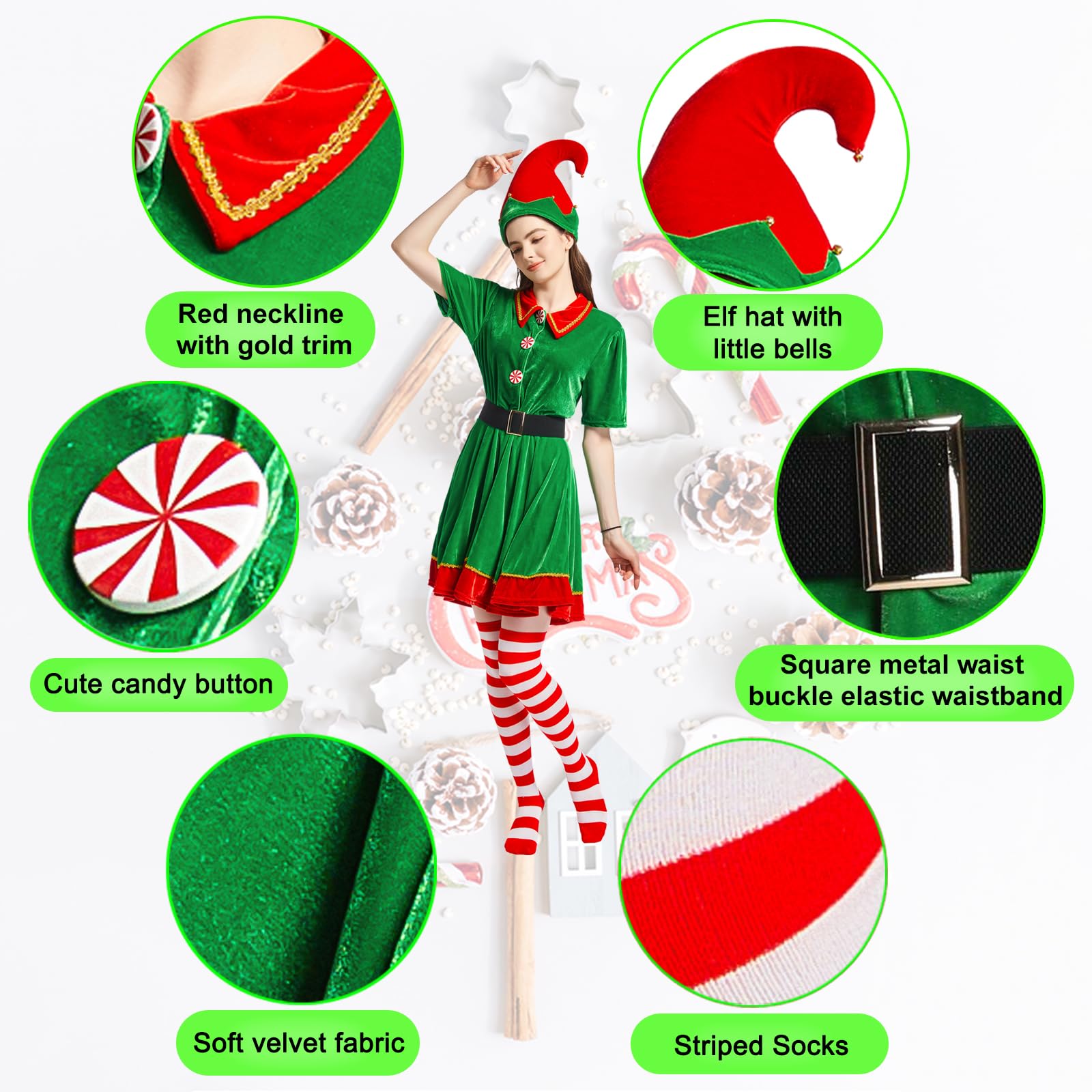 Festive Christmas Elf Costume Set for Women - Green Dress, Red Striped Stockings, Elf Hat & Belt (Sizes S-XL) | Holiday Party Outfit, Cosplay, Themed Events