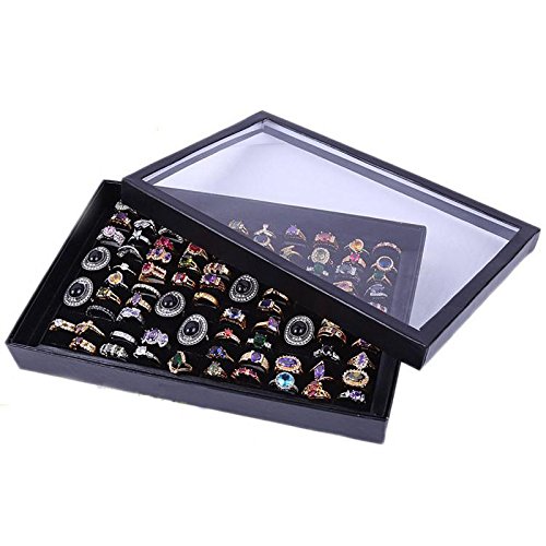 100-Slot Velvet Jewelry Tray Display Box - Premium Ring Organizer with Studs Hooks for Earrings, Necklaces & Bracelets | Perfect for Home Storage, Travel & Boutique Showcase (Black)