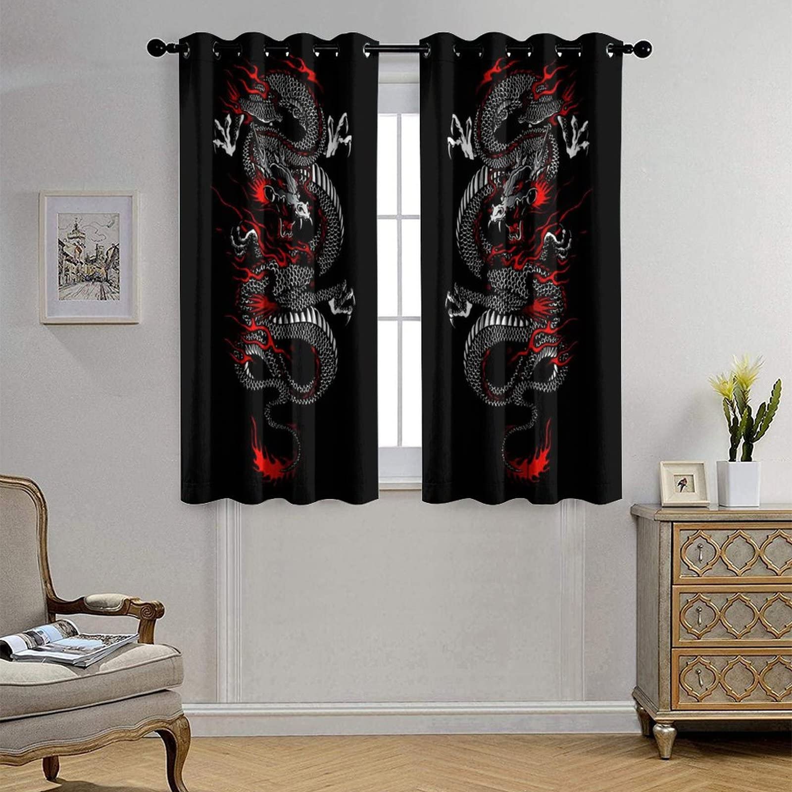 Chinese Dragon Blackout Curtains - Fantasy Retro Black Red Japanese Dragon Thermal Insulated Grommet Curtains for Bedroom, 84x84 Inches 2 Panels - Energy Efficient, Noise Reducing & Light Blocking - Perfect for Home Theater, Nursery & Dark Sleeping Environment