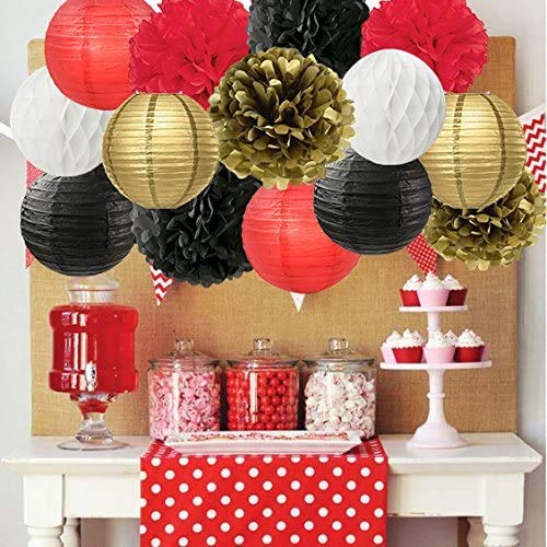 White Red Gold Tissue Paper Pom Poms & Lanterns - Graduation Party Decorations, Baby Shower, Nursery & Birthday Party Supplies | Elegant DIY Paper Flowers for Home & Event Decor