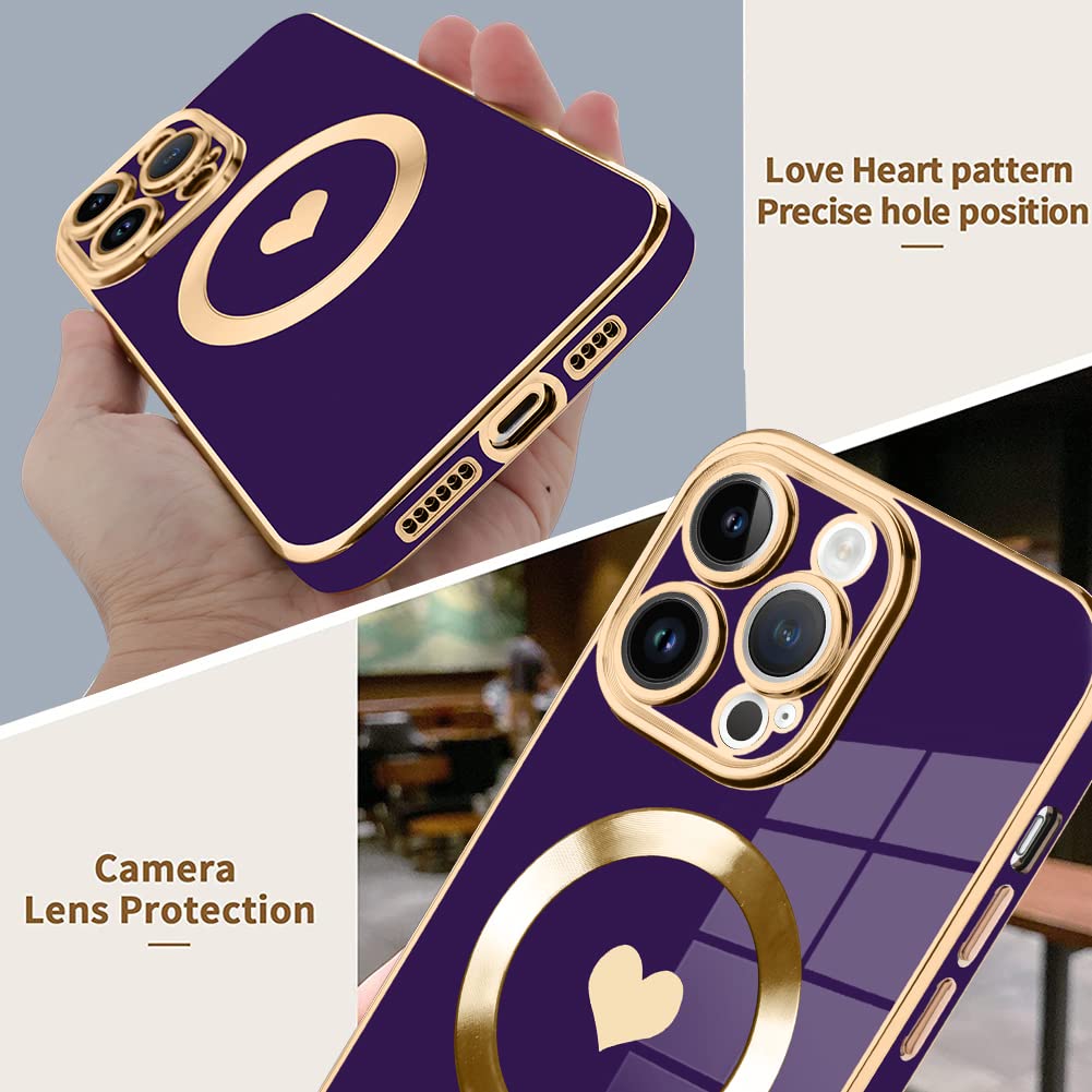Magnetic iPhone 15 Pro Max Case with Magsafe Compatibility - Luxury Plating Edge Bumper & Full Camera Protection, Cute Love Design in Purple (6.7 Inch) - Perfect for Everyday Use, Travel & Wireless Charging