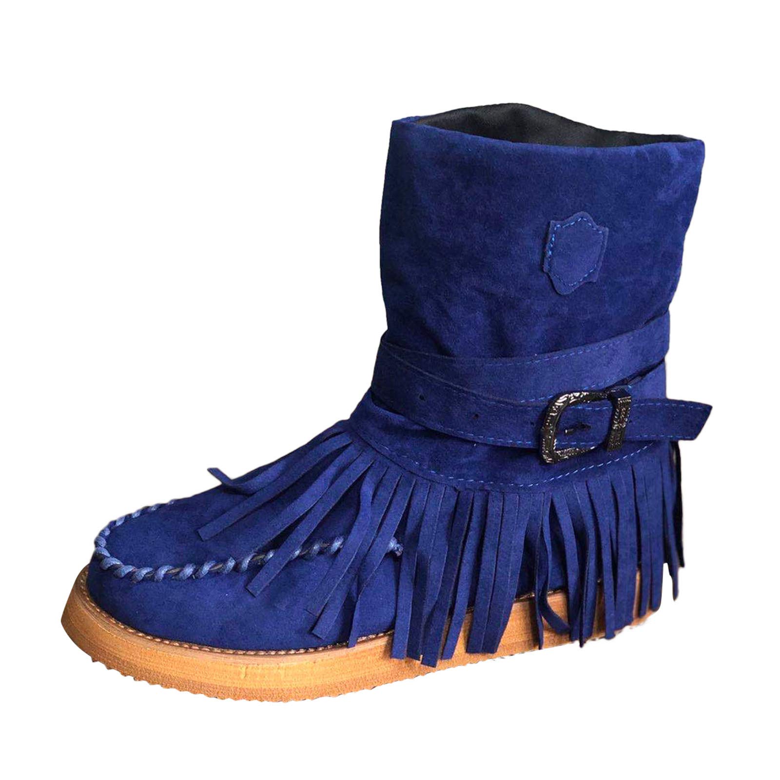 Women's Retro Suede Fringe Ankle Boots - Round Toe Slip-On Platform Booties with Buckle Detail | Roman Winter Walking Shoes for Casual Outfits & Cold Weather Fashion