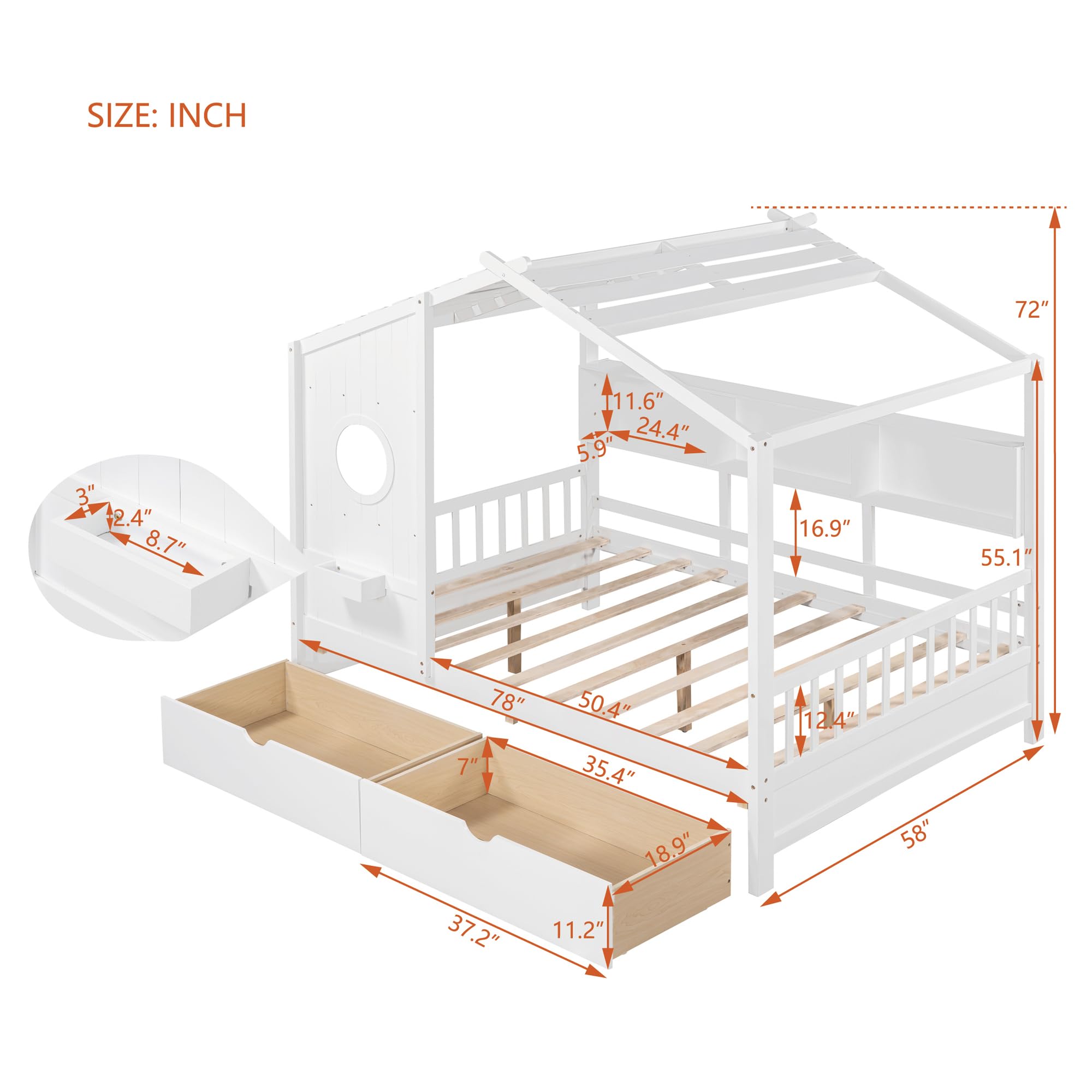 **Full Size Wooden Kids House Bed with Storage Drawers & Shelves - Montessori Playhouse Bed for Boys & Girls - White - Perfect for Bedrooms, Playrooms & Montessori Learning Spaces**