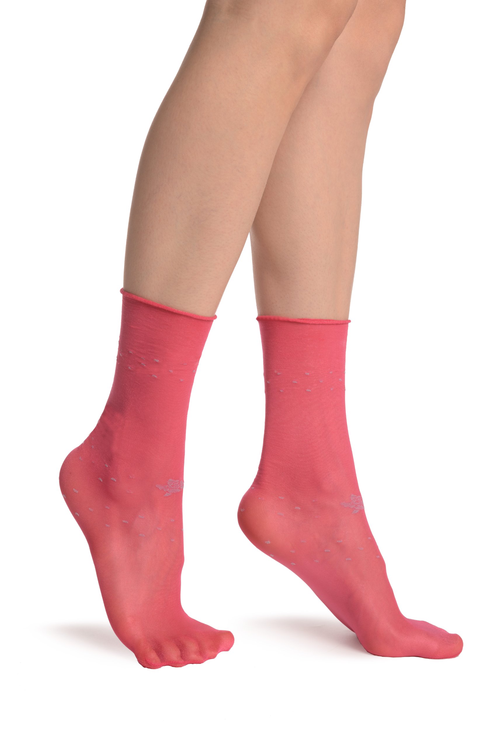 LissKiss Women's Melon Pink Rose Print Roll Down Ankle Socks - Cute & Comfortable for Casual Wear, Workout, and Everyday Fashion