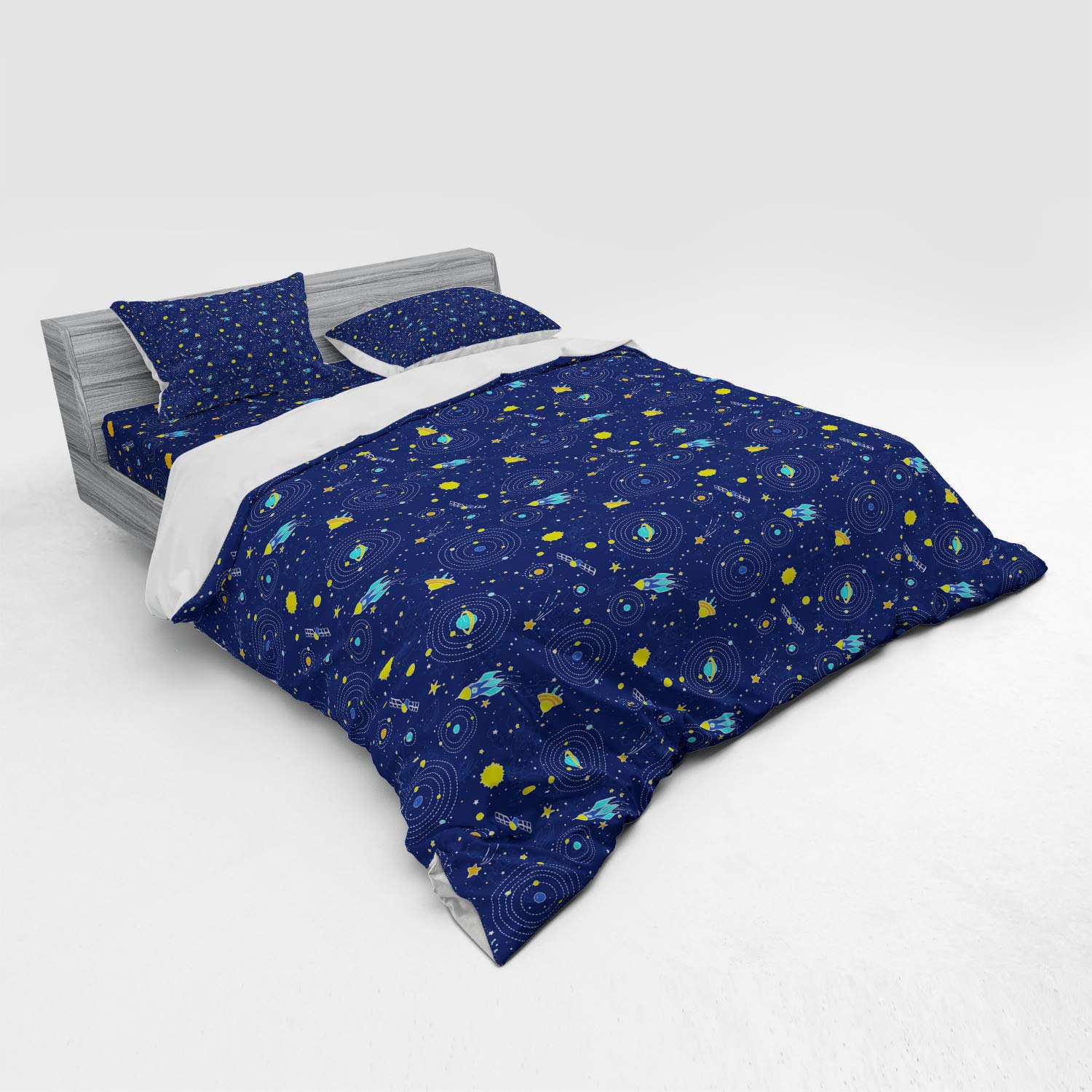 Ambesonne Galaxy Space Bedding Set - 3 Piece Duvet Cover with Sham & Fitted Sheet, King Size, Orange & Dark Blue - Shooting Stars, Planets, Spaceship & Moon Design - Perfect for Astronomy Lovers' Bedroom Decor & Sci-Fi Themed Rooms
