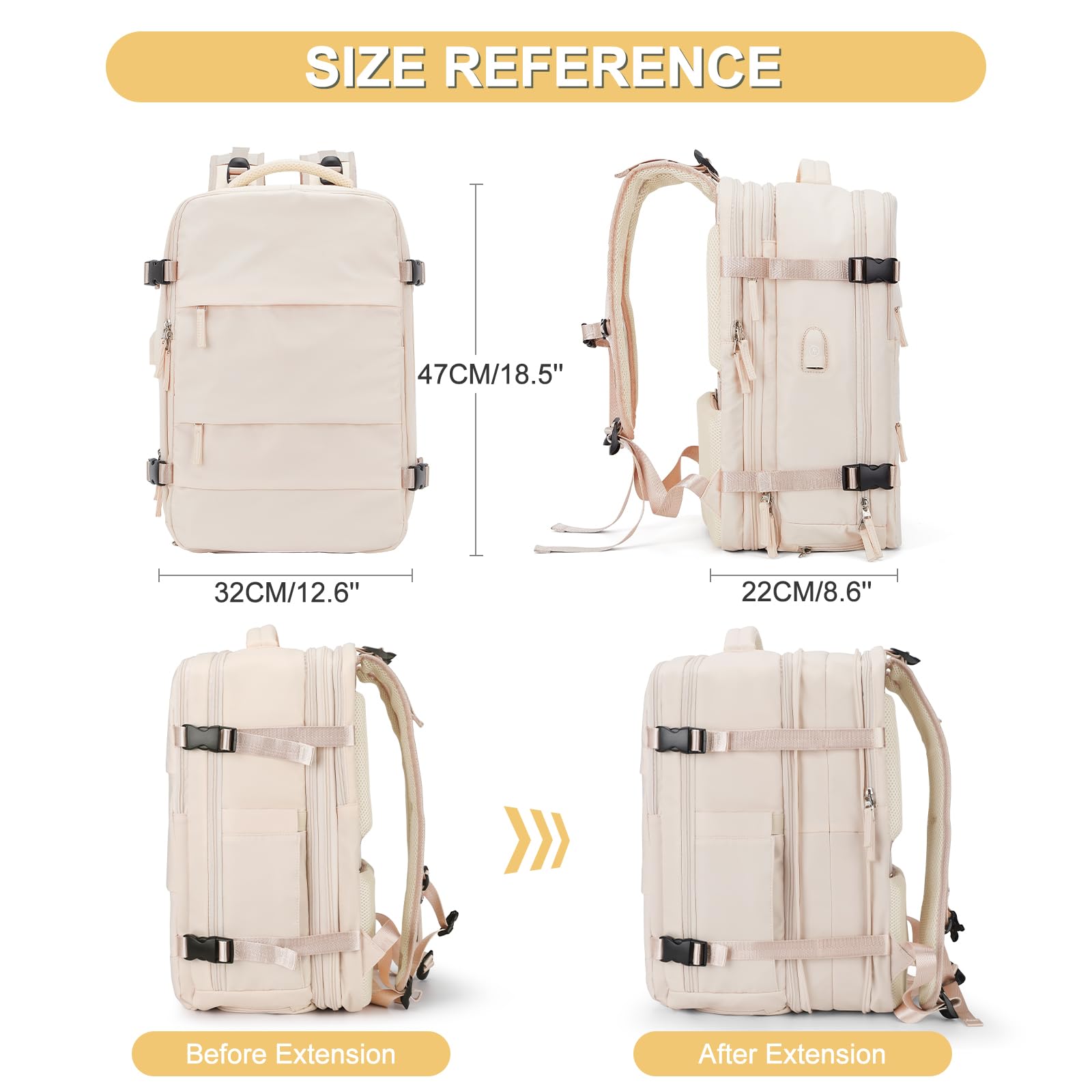 Expandable Casual Travel Backpack - Lightweight A-Beige Daypack for Hiking, Commuting & College | Water-Resistant & Spacious