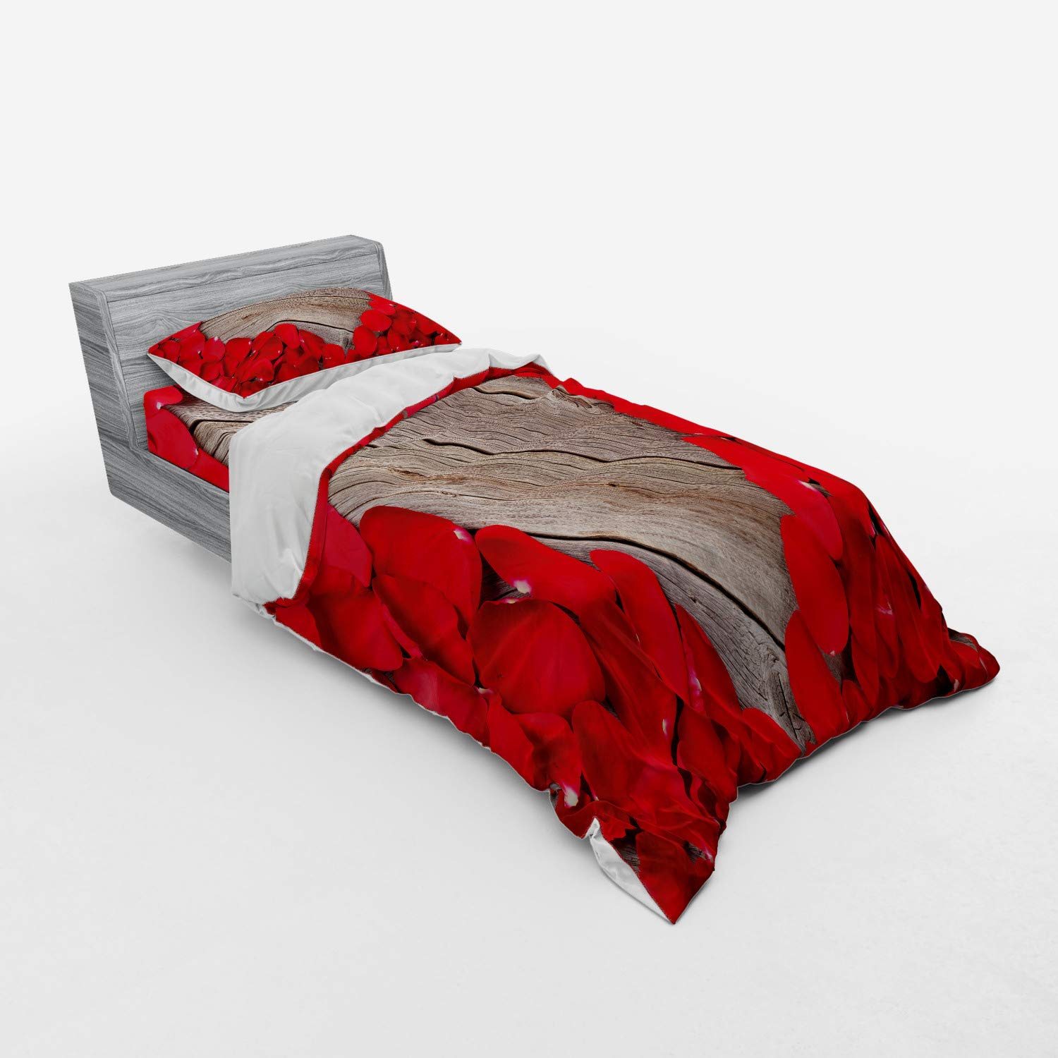 Ambesonne Rose Duvet Cover Set - Vibrant Red Rose Petals Heart Design on Wood Planks, 3-Piece Bedding Set with Pillow Sham & Fitted Sheet, Twin Size, Vermilion Cocoa - Perfect for Romantic Bedrooms, Valentine's Day Gifts & Cozy Home Decor