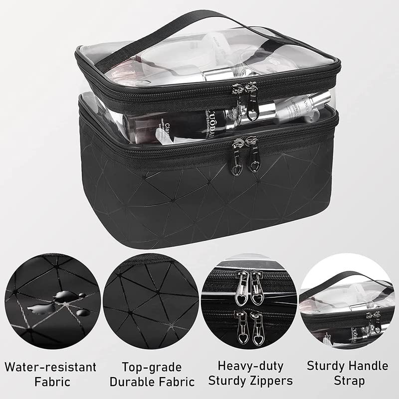 Yashodhara Double Layer Makeup Bag for Travel - Black Cosmetic Organizer & Toiletry Case | Perfect for Vacation, Gym, and Daily Essentials Storage