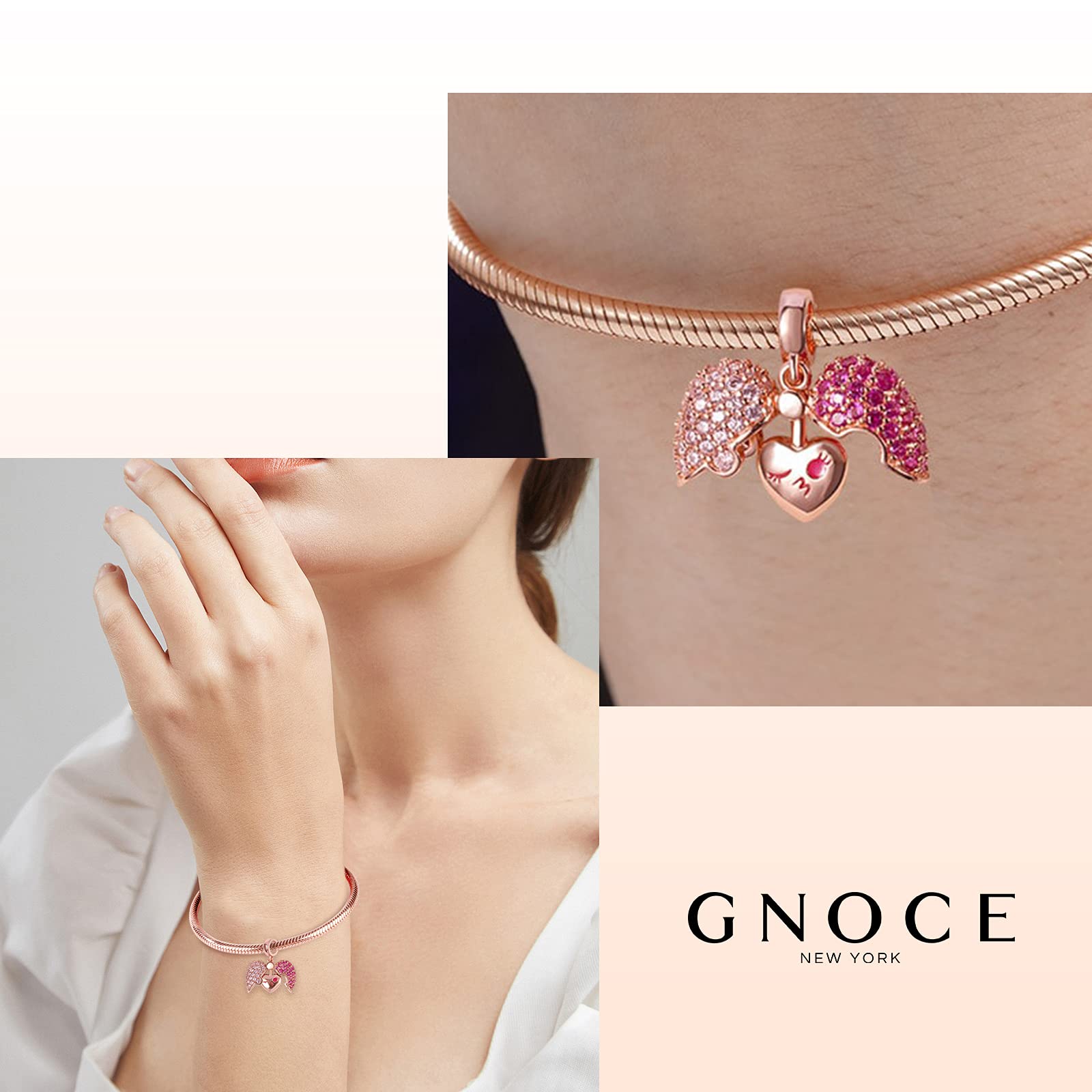GNOCE 925 Sterling Silver Rose Gold Open Heart Key Pendant Charm Set for Women - Valentine's Day Gift for Her, Bracelet & Necklace Jewelry - Perfect for Anniversaries, Birthdays & Romantic Occasions