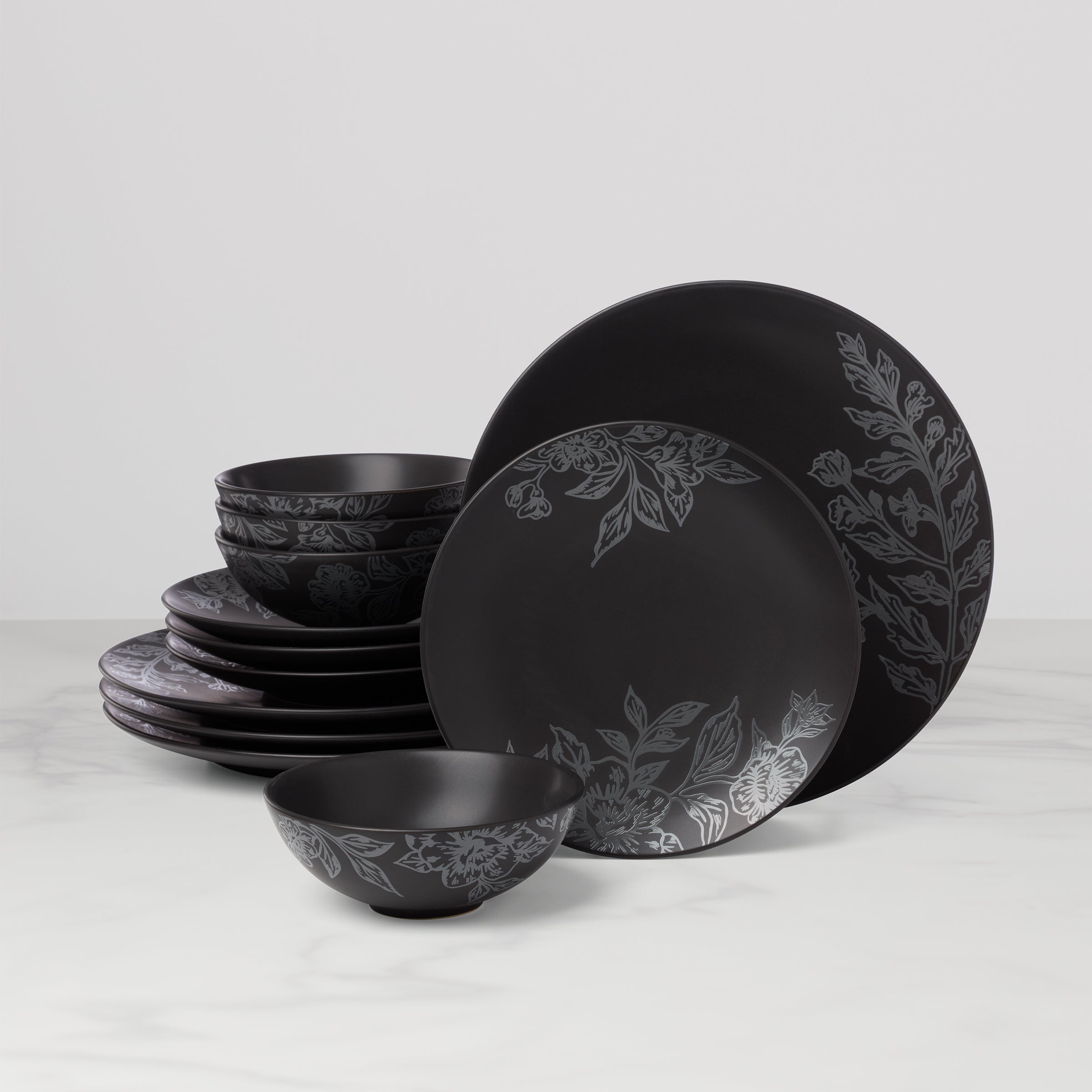 Roseto Charcoal 12-Piece Dinnerware Set - Elegant Stoneware Plates, Bowls & Mugs for Everyday Dining, Dinner Parties & Family Gatherings