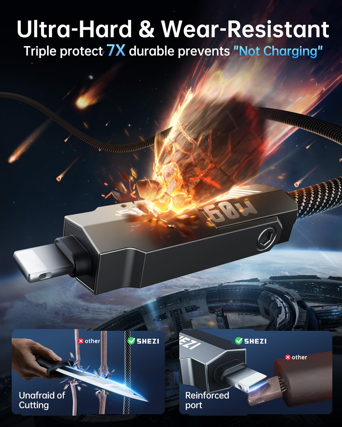 Upgraded 4-in-1 60W 5FT USB C Cable with Lightning & USB A - Fast Charging Cable for iPhone 15/14/13/12, iPad, Samsung - Nylon Braided Durable Multi Charger Cord (480Mbps Data Sync, Grey) - Perfect for Home, Office & Travel Charging