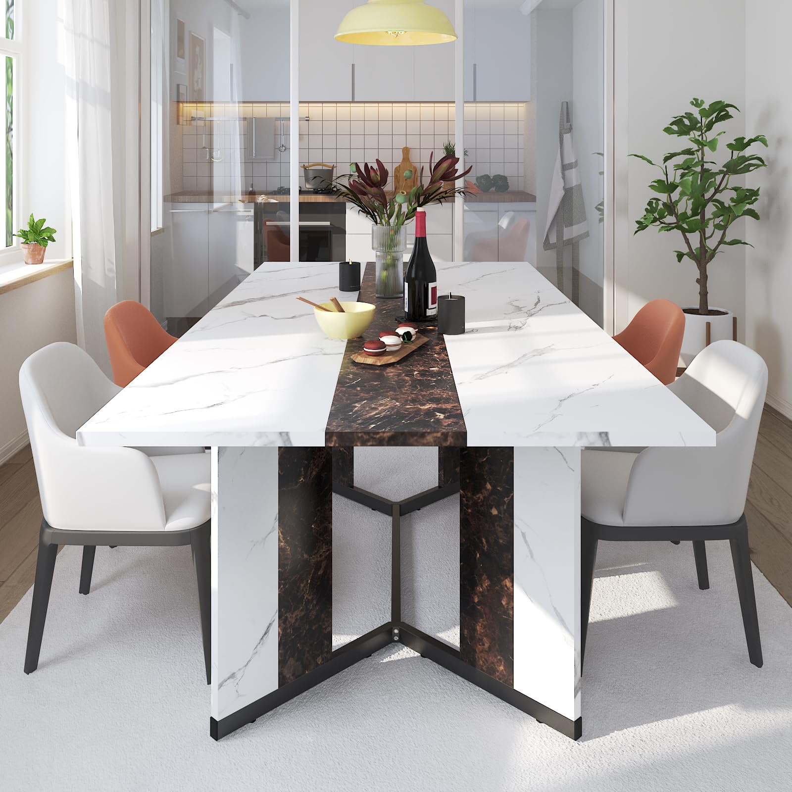 71-Inch Large Rectangular White Dining Table for 4-7 People with 35-Inch Marble-Color Waterproof Wood Tabletop & Adjustable Legs - 6ft Luxurious Family Dinner Table for Home, Kitchen, Living Room - Perfect for Family Gatherings, Dinner Parties & Daily Meals