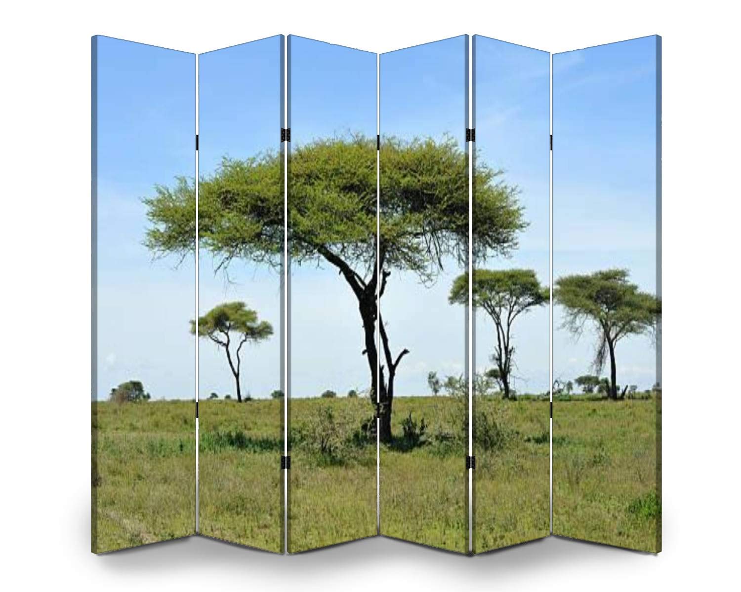 6-Panel Acacia Wood Room Divider Screen - Folding Privacy Partition for Indoor/Outdoor Use | Freestanding Protective Wall Separator with African Serengeti Grassland Design | Perfect for Home Office, Bedroom, Studio & Event Spaces