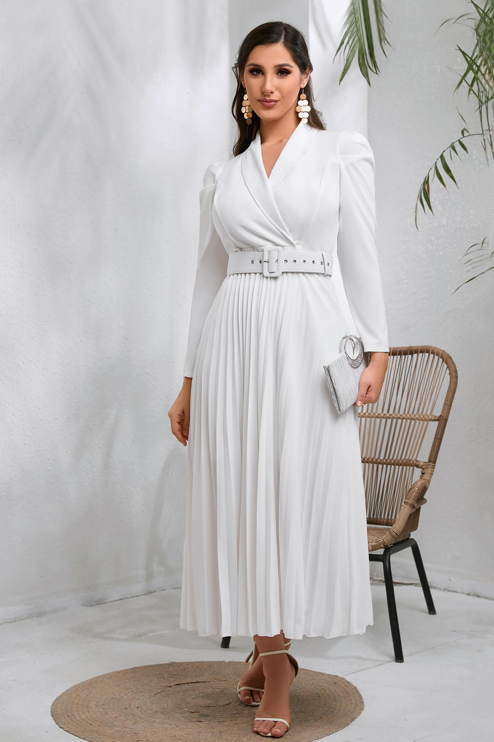 Women's Elegant Long Puff Gigot Sleeve Belted Maxi Dress with V-Neck & Pleated Design - Perfect for Casual Outings, Parties, and Special Occasions
