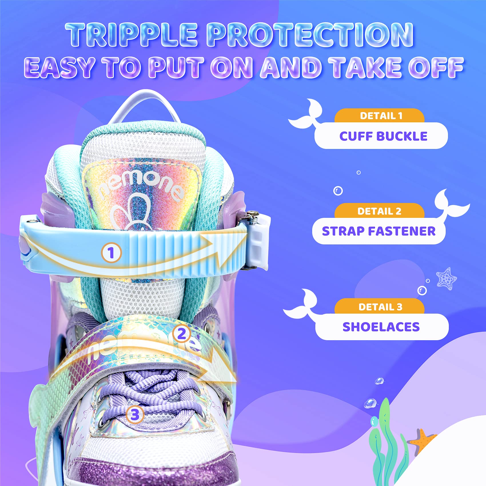 NEMONE Adjustable 4-Wheel Inline Skates for Girls & Kids - LED Light Up Roller Skates, Perfect Gift for Birthday & Outdoor Play (Pink/Blue) - Great for Park, Rink & Neighborhood Fun