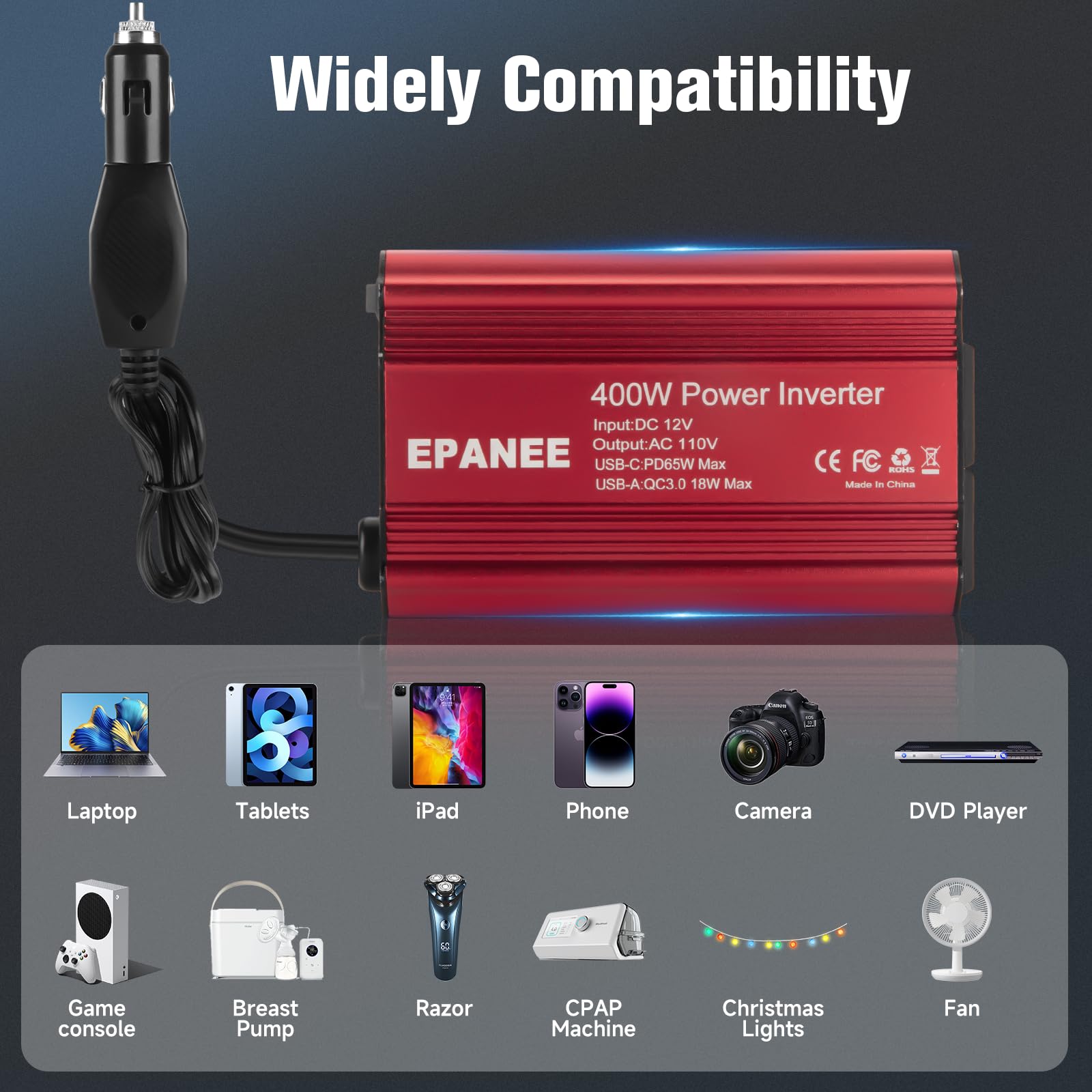 400W Car Power Inverter with 110V AC Outlet & 65W PD USB-C/18W QC Ports - 12V DC to AC Converter for Laptops, Phones, Camping Gear - Perfect for Road Trips, RVs, Work Trucks & Emergency Power Backup