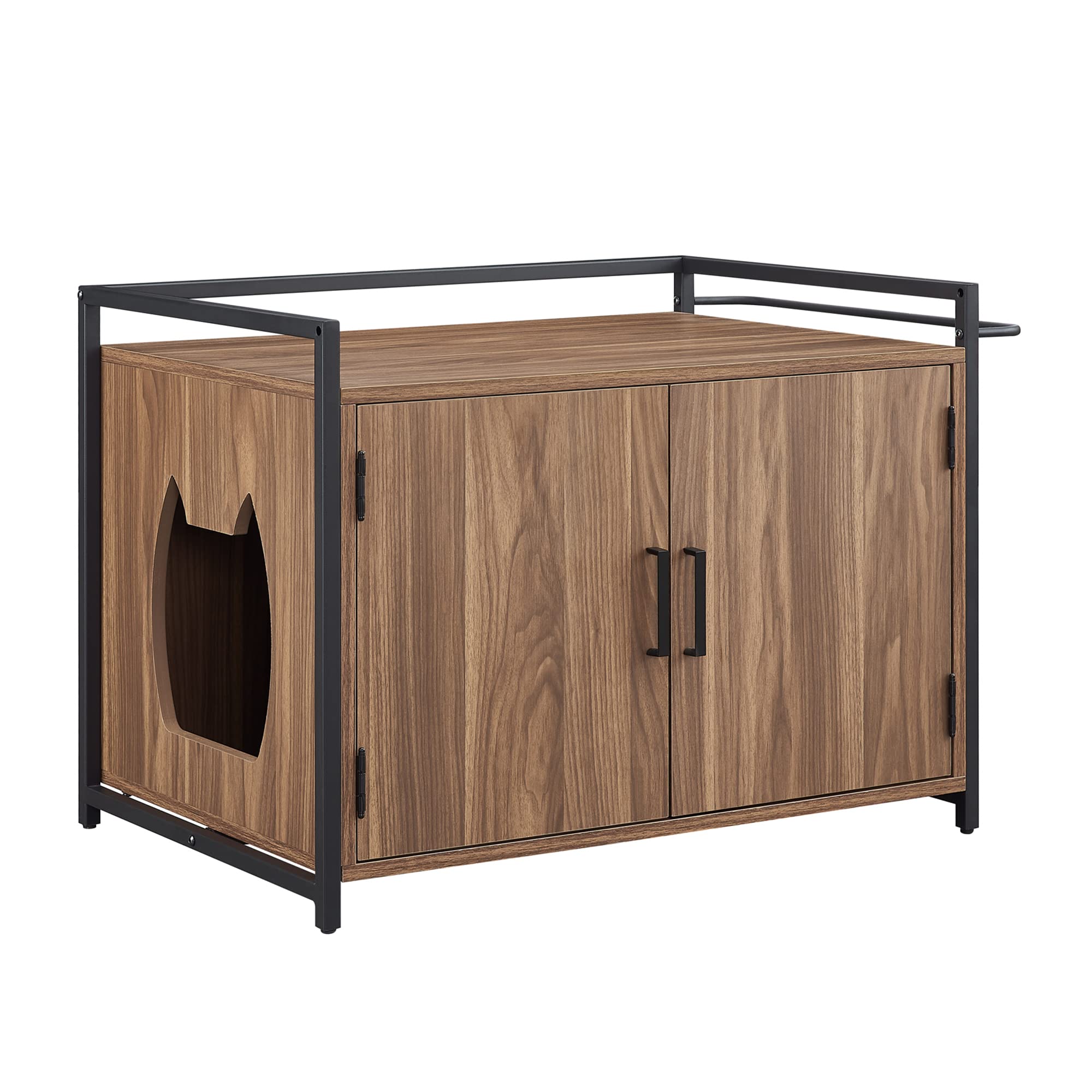 Hidden Cat Litter Box Furniture with Ventilation & Bench Seat - Sturdy Iron & Wood Pet Crate in Rustic Walnut - Discreet Litter Box Enclosure for Living Room or Bedroom