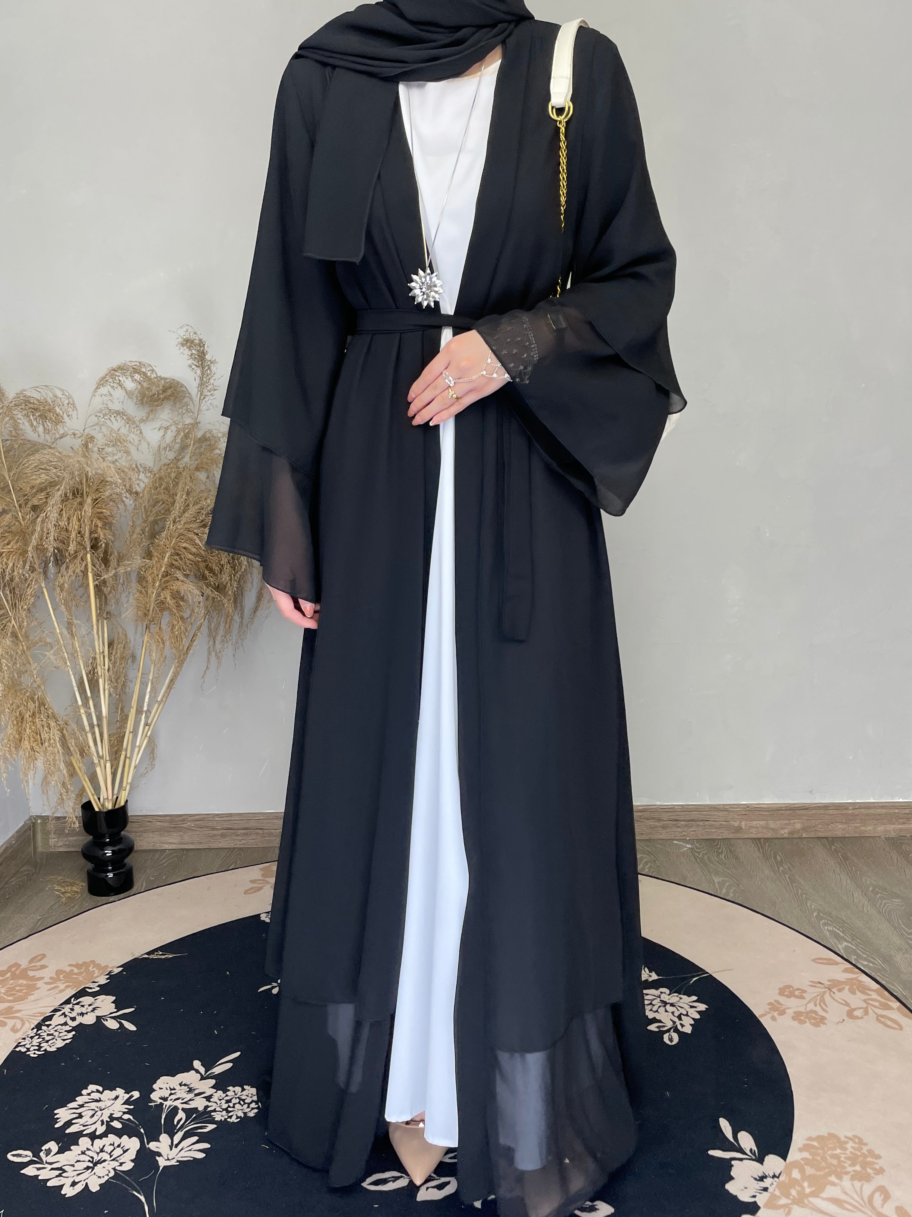 Elegant 3-Piece Chiffon Cardigan Open Abaya Set - Muslim Women's Long Dress for Prayer & Special Occasions | Modest Fashion Outfit for Hijab Wearers