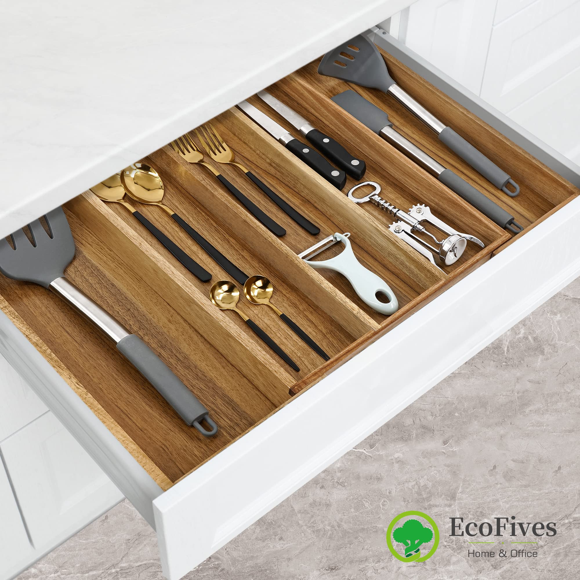 Premium Acacia Wood Silverware Organizer - 5-Slot Kitchen Drawer Organizer for Utensils & Flatware with Adjustable Grooved Dividers | Perfect for Dining Room Storage & Kitchen Organization