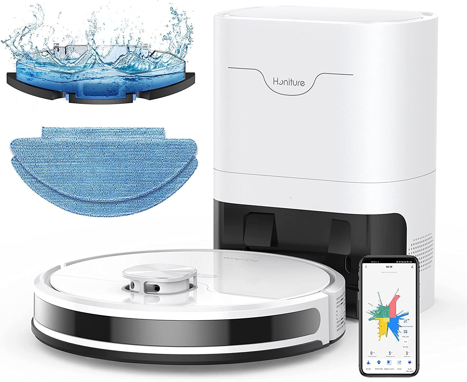 HONITURE Q6 SE Self-Emptying Robot Vacuum and Mop Combo with 3500Pa Suction, Laser Navigation & Smart Mapping - 180 Min Runtime, App Control - Perfect for Pet Hair, Hardwood Floors & Large Homes