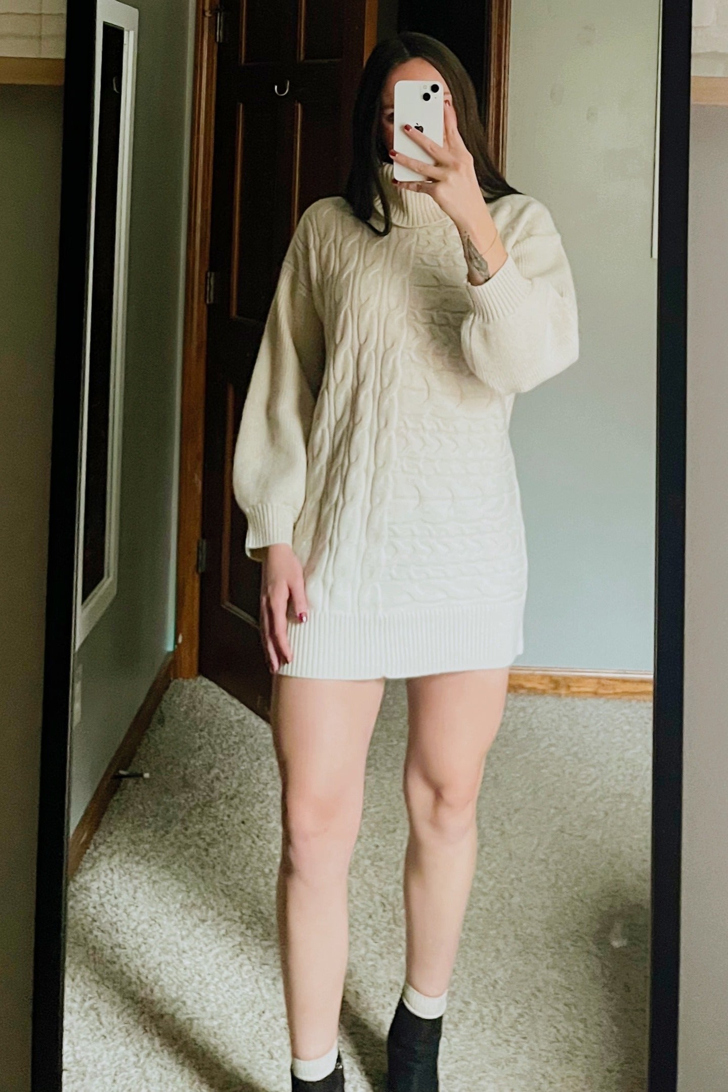 Beige Cable Knit Mini Sweater Dress for Women - Cozy Winter Pullover Turtleneck Dress - Perfect for Christmas Party, Date Night & Holiday Outfits