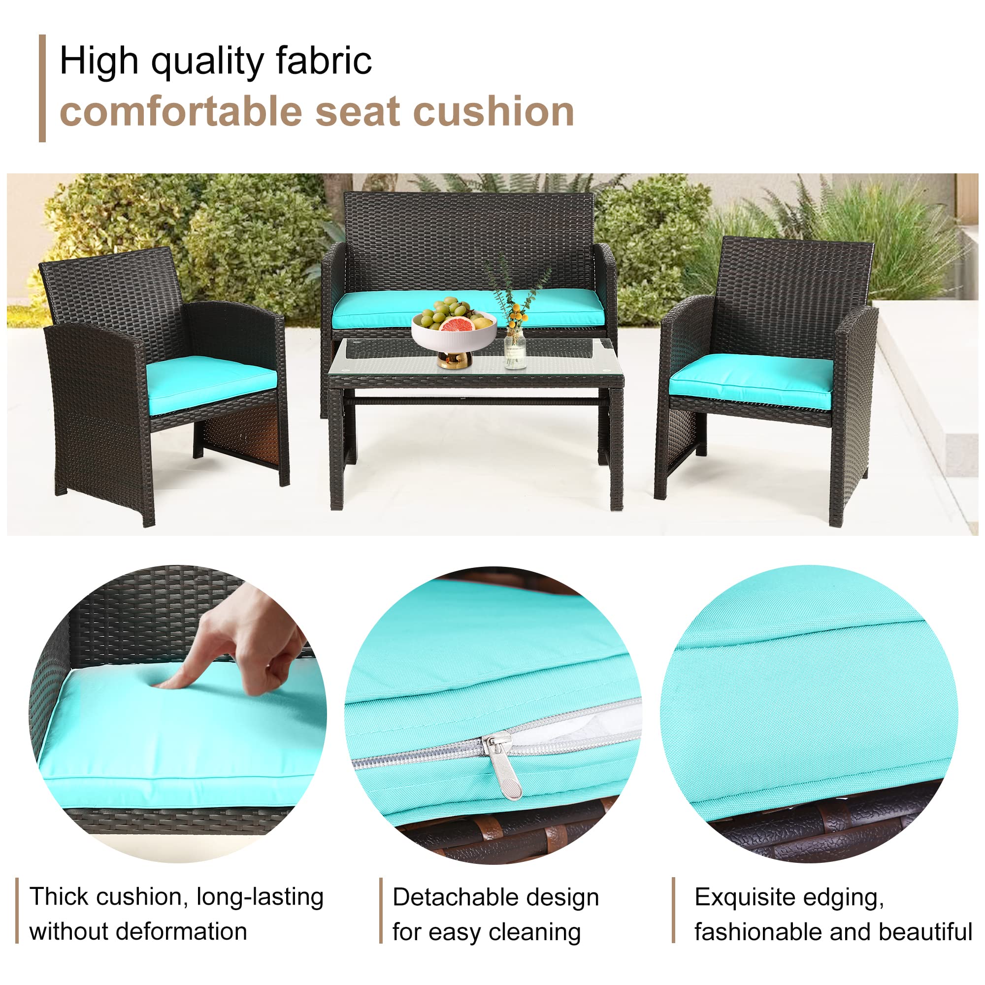 Premium 4-Piece Wicker Rattan Patio Furniture Set with Blue Cushions - Outdoor Conversation Set for Garden, Porch, Poolside & Balcony - Durable FDW Lawn Chairs Perfect for Relaxing & Entertaining