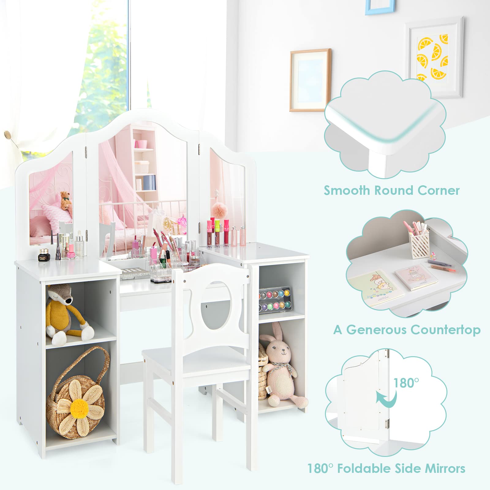 INFANS Kids Vanity Set - 2-in-1 Princess Makeup Desk & Chair with Tri-Folding Mirror, Large Storage Shelves, Wooden Pretend Play Dressing Table for Girls - Perfect for Birthday Gifts & Bedroom Decor