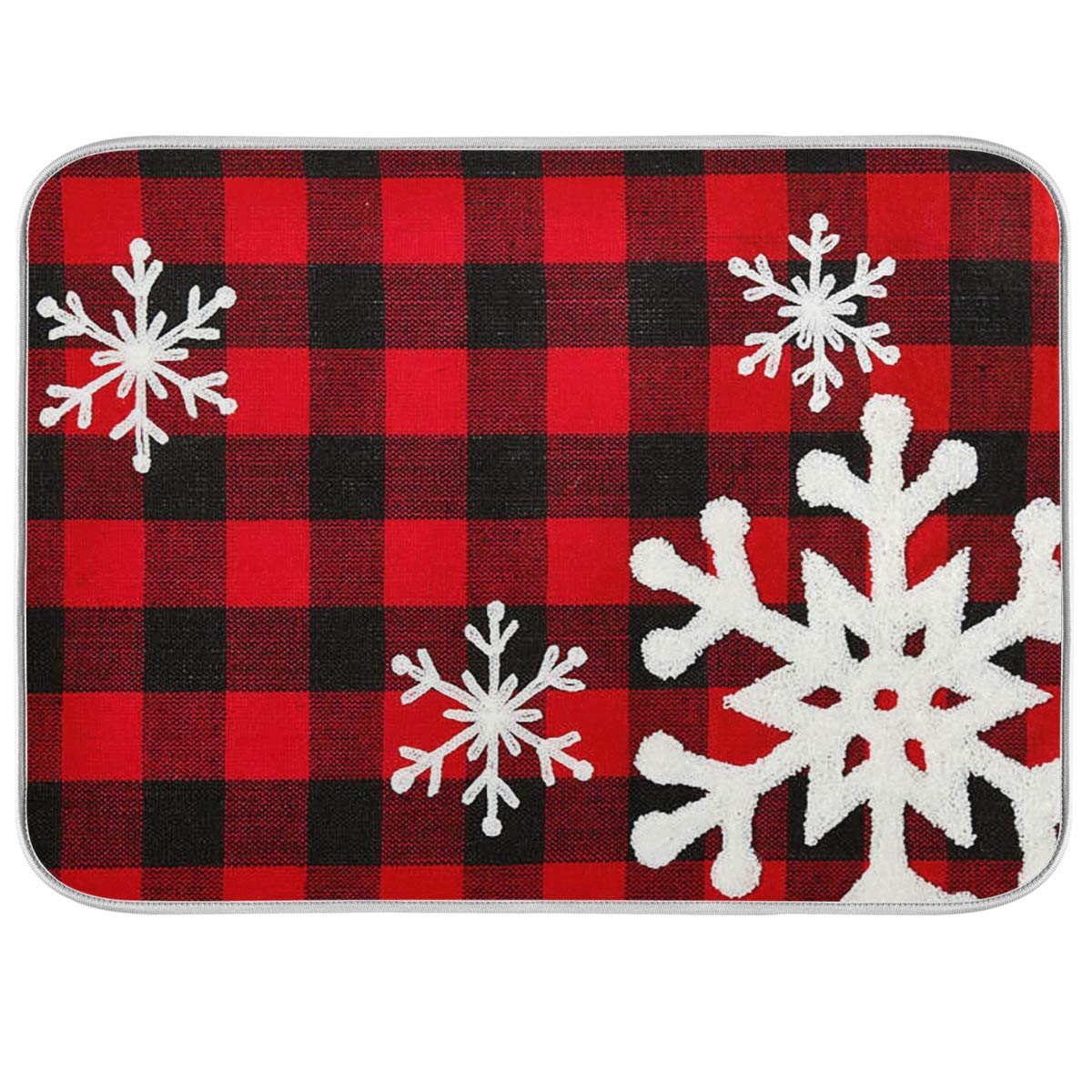 Christmas Plaid Dish Drying Mat 18x24 Inch - Red Black Snowflake Design for Kitchen Countertops & Bottles