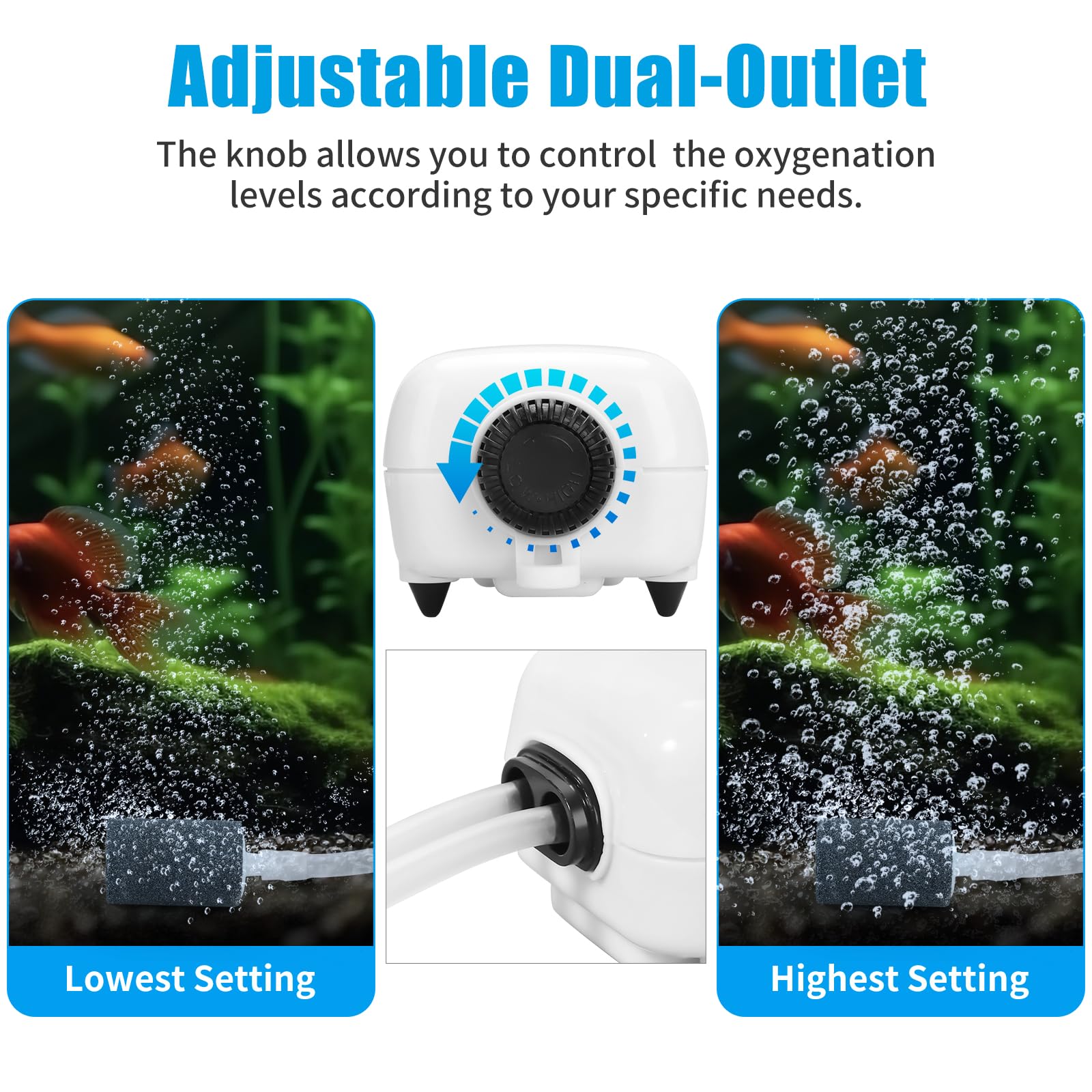 AQUANEAT 100 Gallon Aquarium Air Pump - Adjustable Dual Outlet Hydroponic Oxygen Aerator with Air Stones & Tubing for Fish Tanks, Hydroponics | Quiet Operation for Home & Office Aquariums