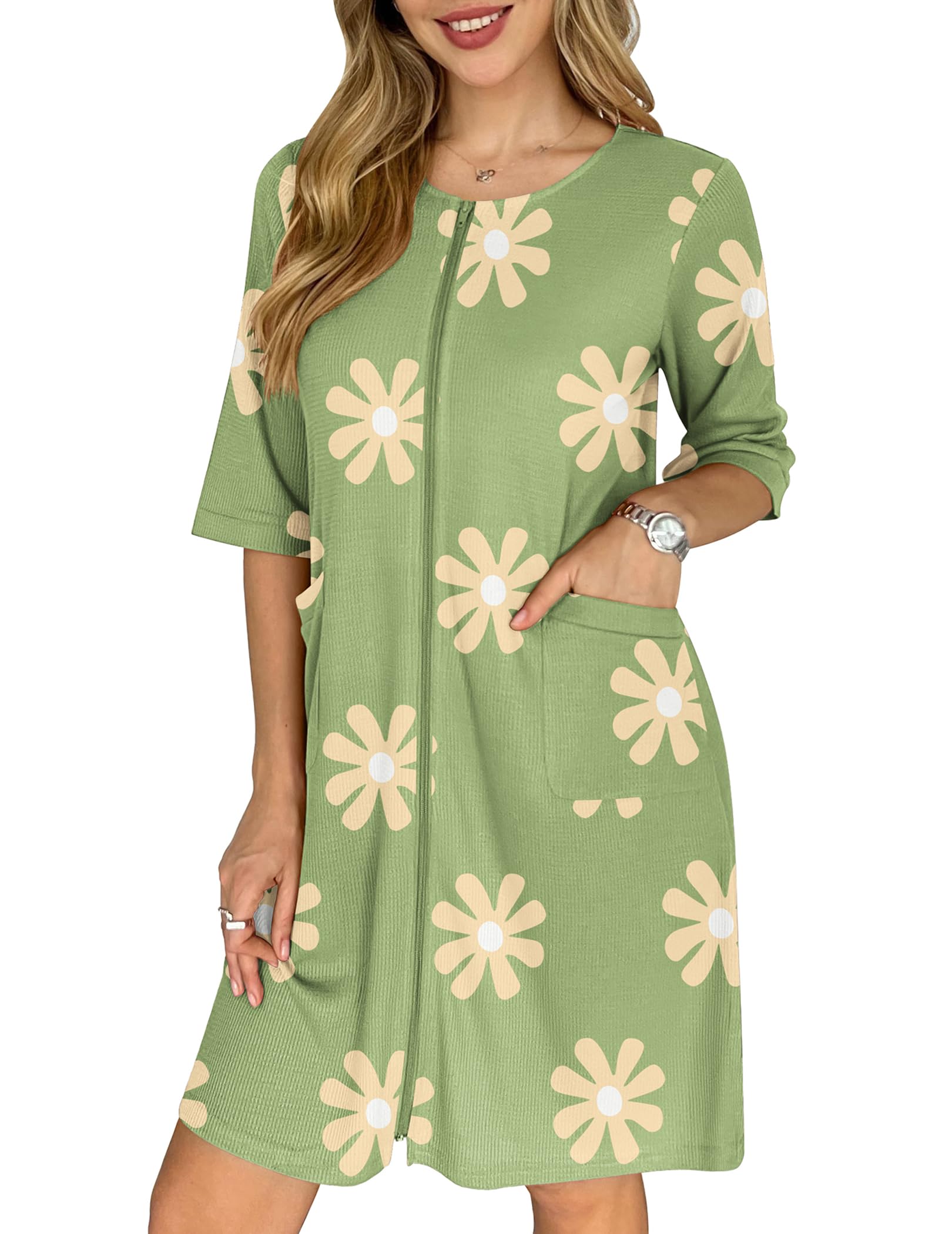 Ekouaer Women's Lightweight Short Waffle Bathrobe with Pockets - Zip Up Knee Length Housecoat & Nightgown (Sizes S-3XL) | Perfect for Spa, Lounge, Post-Shower & Home Relaxation
