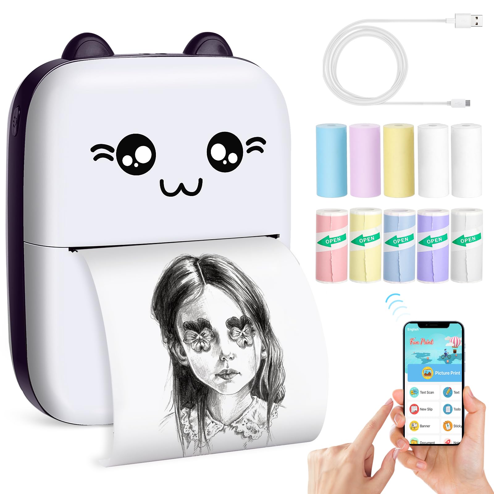 Mini Thermal Sticker Printer with 10 Rolls Paper - Portable Sticker Maker Machine for Notes, Journals & DIY Projects - Compatible with iOS & Android - Perfect for Kids, Work & Creative Gifts