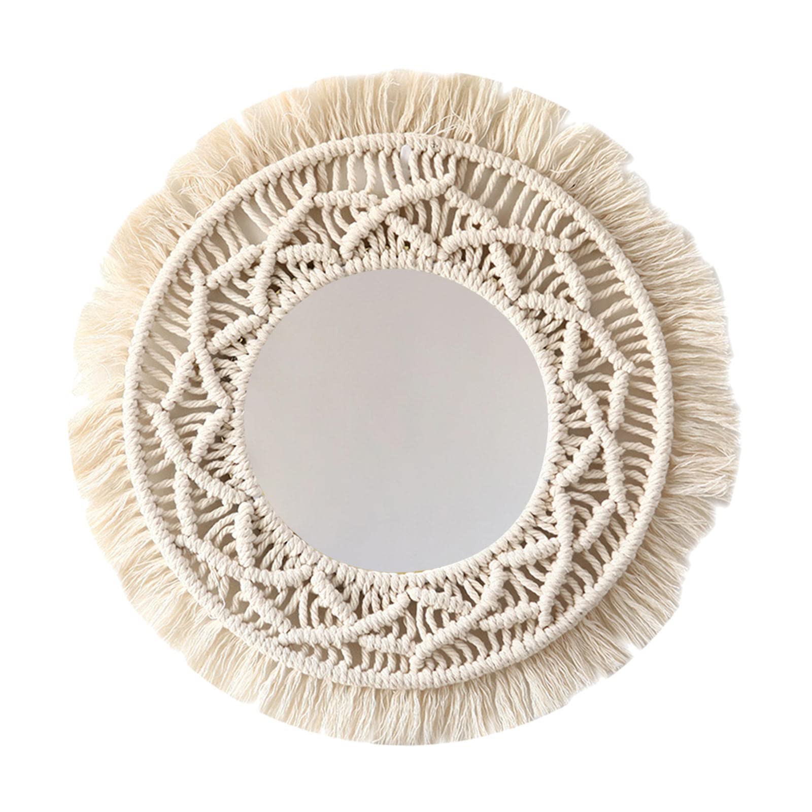FAKEME Macrame Fringe Wall Hanging Mirror - Boho Geometric Decorative Mirror for Home Decor, Apartment, Living Room, Bedroom, Dorm & Entryways - Perfect for Bohemian Style, Meditation Spaces & Photo Backdrops