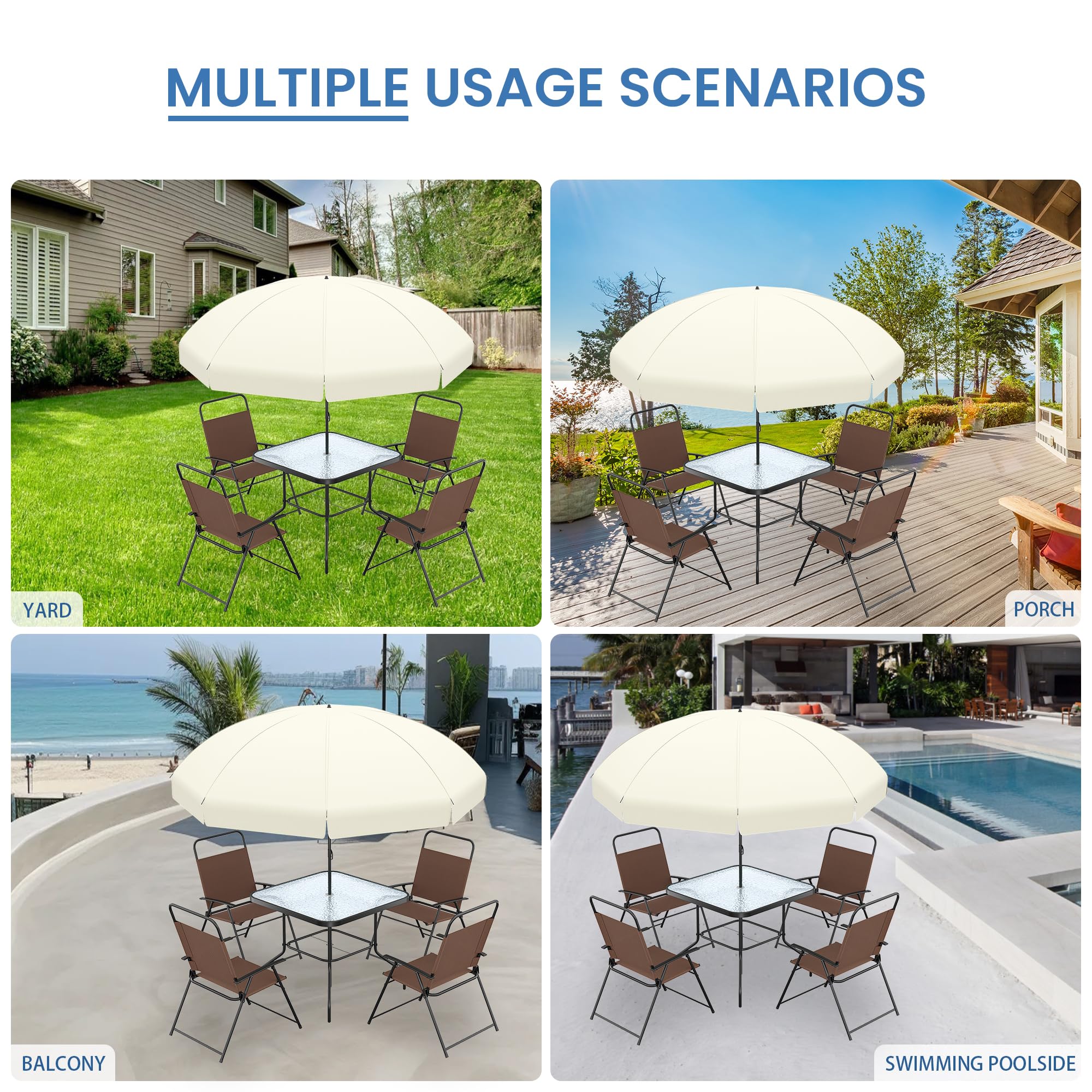 **UDPATIO 6-Piece Outdoor Patio Dining Set with Umbrella - 4 Folding Chairs & Tempered Glass Table - Perfect for Deck, Backyard, Poolside, Lawn, Garden or BBQ Parties (Brown)**