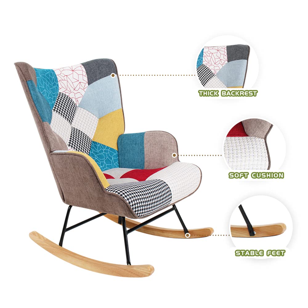 HomVent Upholstered Rocking Chair - Mid Century Modern Fabric Nursery Rocker with Tall Back & Wood Base, Comfortable Accent Armchair for Adults & Kids, Perfect for Living Room, Bedroom, Nursery or Reading Nook