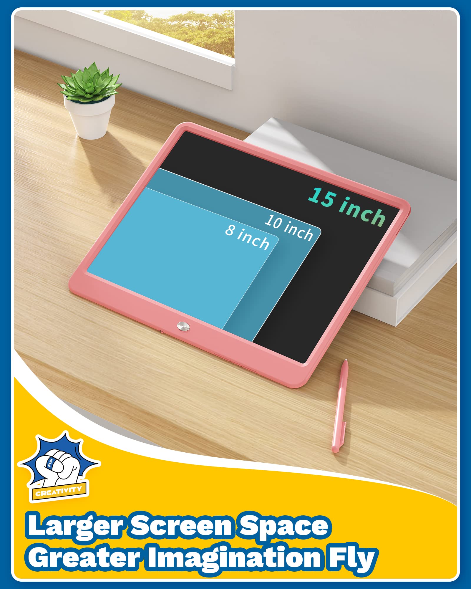 TEKFUN 15inch LCD Writing Tablet for Kids - Doodle Board Drawing Pad for Girls & Boys Ages 4-10 | Birthday, Christmas, Easter Gifts | Homeschool, Travel, Classroom Learning Activities (Pink)