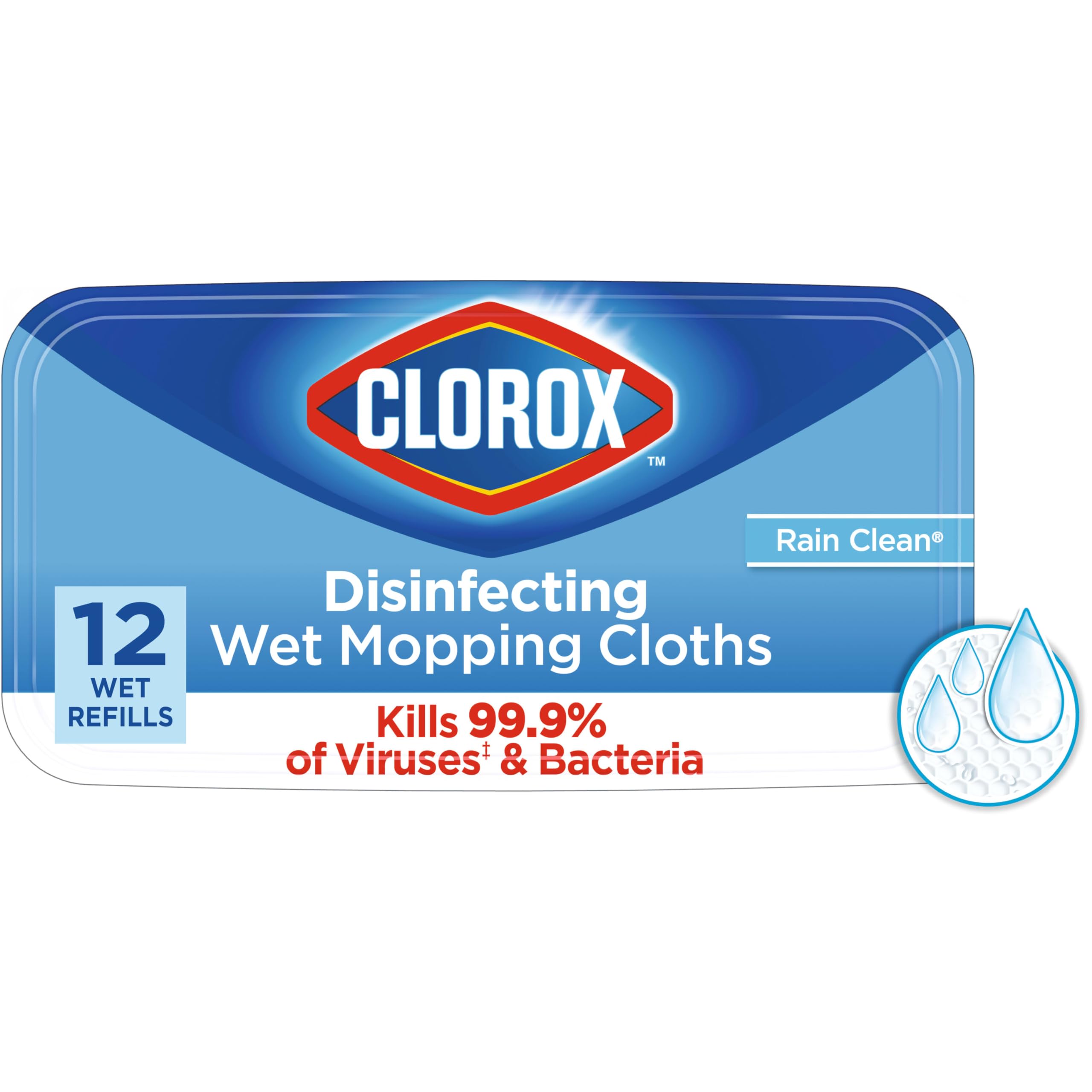 Clorox Disinfecting Wet Mopping Cloths Refills - Rain Clean Scent, 12 Count (Packaging May Vary) | Perfect for Floors, Kitchens & Bathrooms | Kills 99.9% of Germs & Bacteria