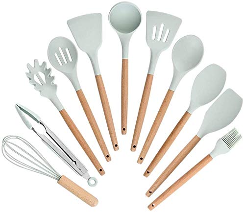 11-Piece Silicone Kitchen Utensil Set with Wooden Handles - Heat Resistant up to 446°F - Includes Spatula, Turner, Tongs, Spoon, Brush & Whisk - Perfect for Cooking, Baking & Non-Stick Pans