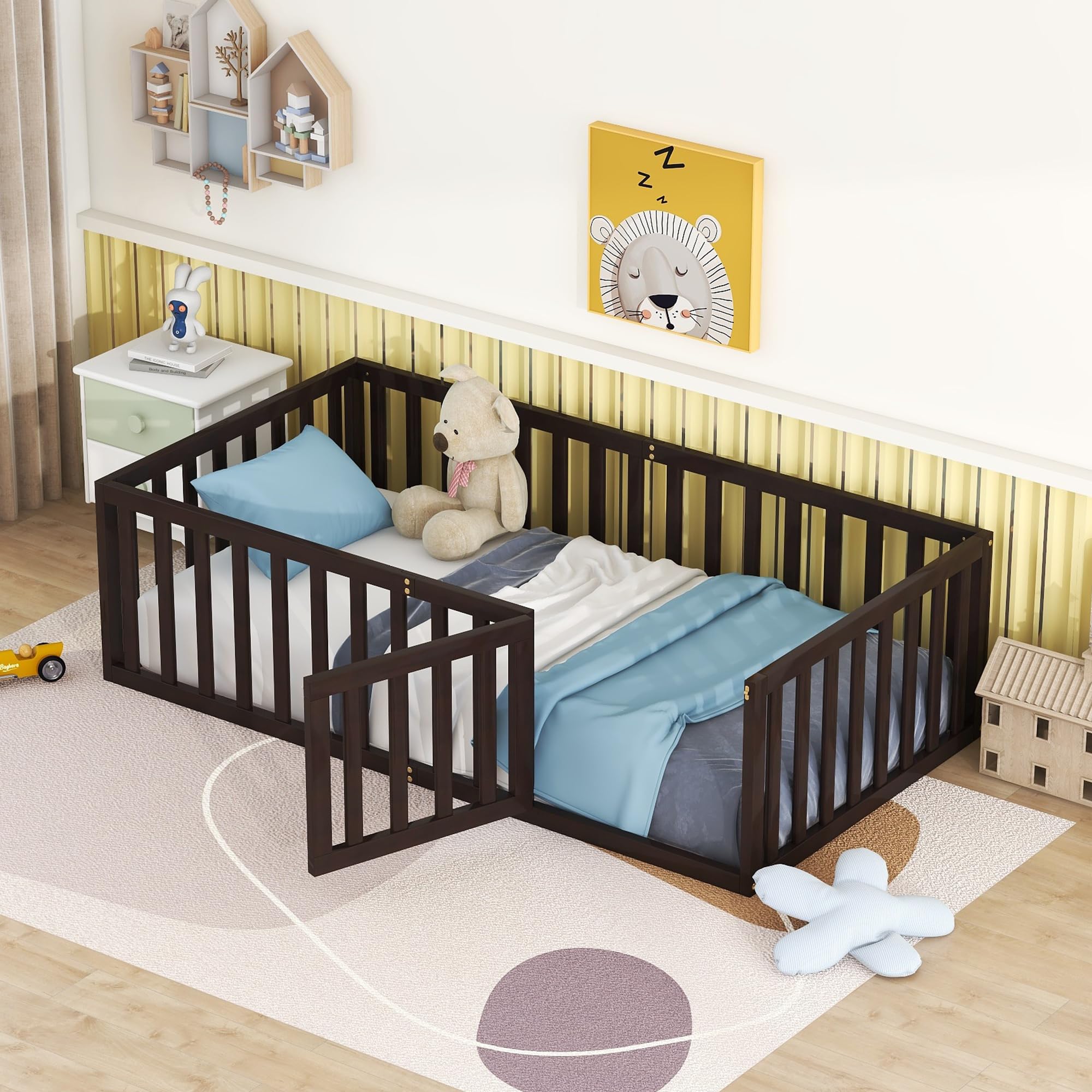 Harper & Bright Designs Twin Size Floor Bed with Safety Rails & Door - Wooden Montessori Floor Bed Frame for Kids, Girls & Boys - Walnut Finish - Perfect for Montessori Rooms, Toddler Bedrooms & Safe Sleep Spaces