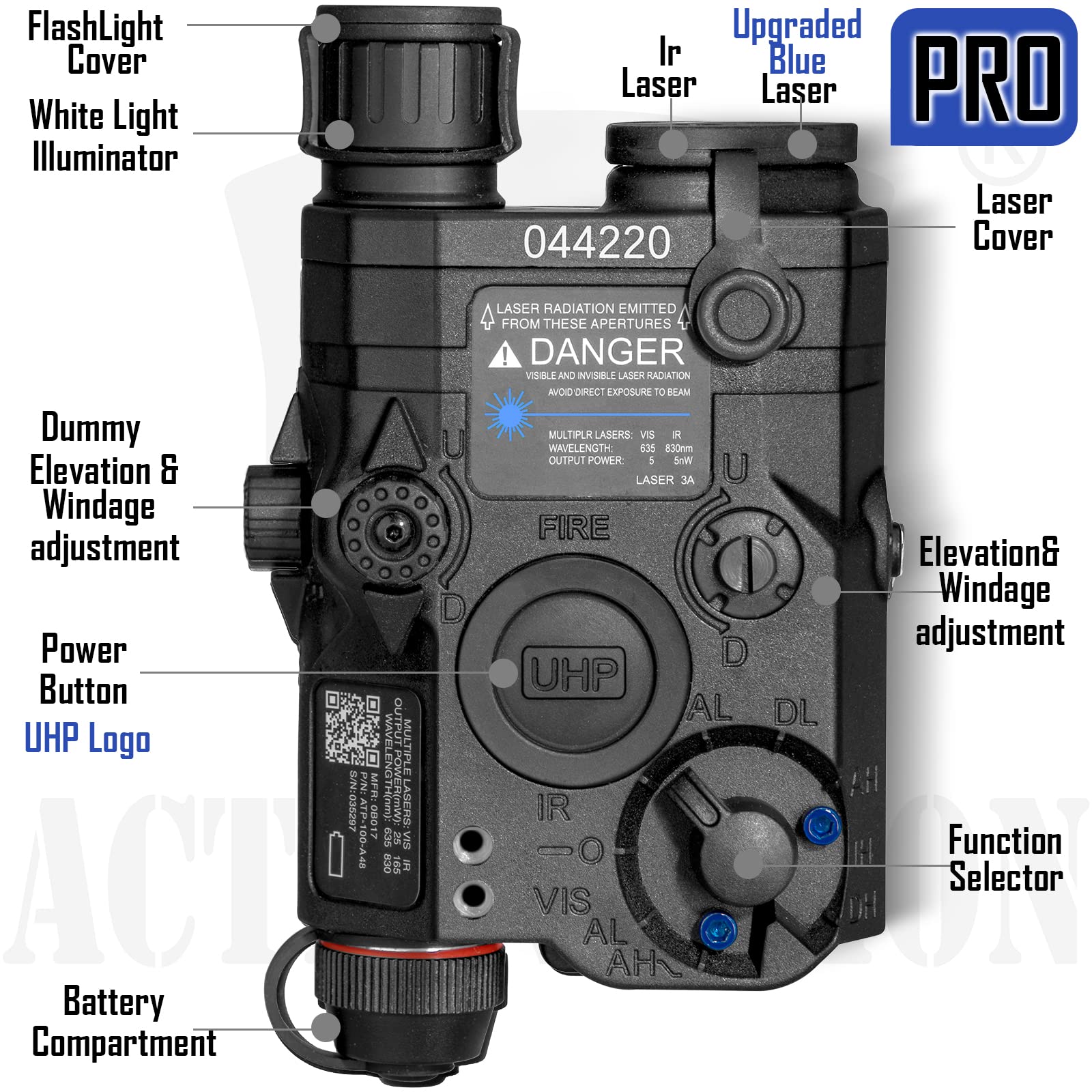 ACTIONUNION Airsoft PEQ-15S Pro UHP Tactical Laser Sight - Blue Laser, IR Laser & White LED Flashlight Combo for Military Simulation & Airsoft Games