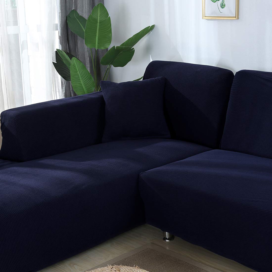 MIFXIN Jacquard L-Shaped Sofa Cover 2-Piece Stretch Polyester Slipcover - Sofa Protector for Sectional Couches, Dark Blue - Perfect for Living Room Decor & Home Protection