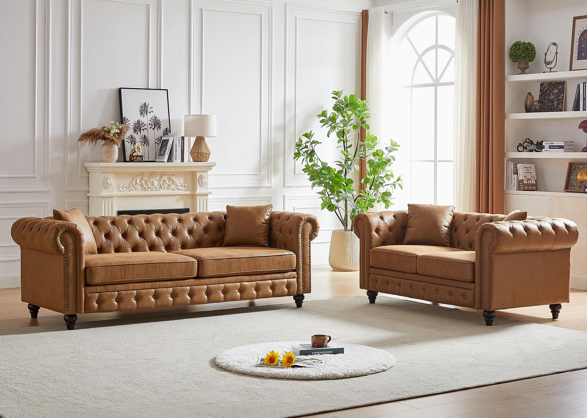 2-Piece Mid Century Modern Sofa Set - Button Tufted Chesterfield Couch & Loveseat with Nailhead Trim & Rolled Armrests, Brown Upholstered Living Room Furniture for Home, Office & Lounge (3-Seater + Loveseat) - Perfect for Small Spaces, Apartments & Cozy Family Gatherings