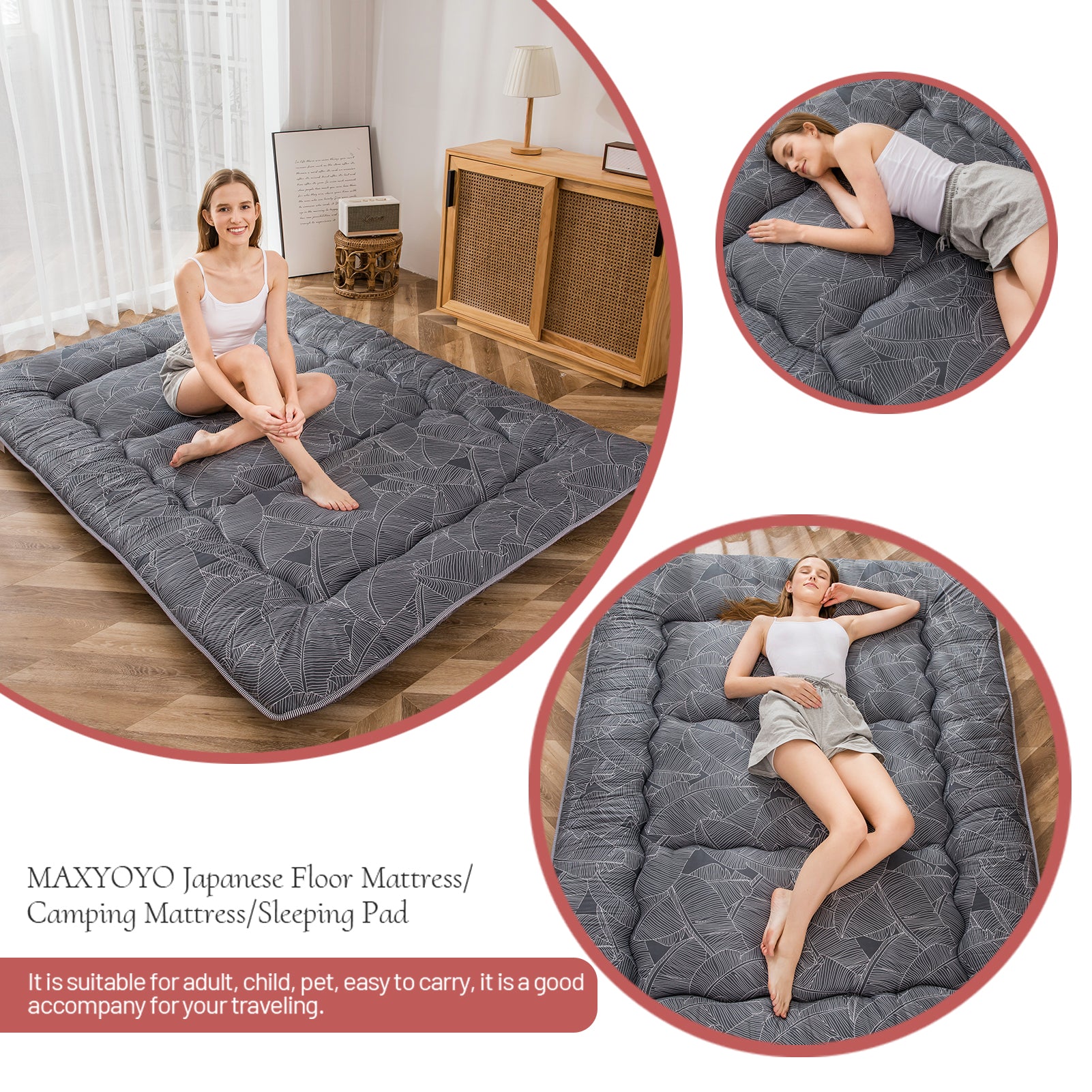 MAXYOYO Floor Mattress - Black Leaf Printed Japanese Futon Mattress for Adults & Kids | Extra Thick Foldable Tatami Mattress for Bedroom, Guest Room & Camping | Perfect for Sleepovers, Travel & Floor Lounging