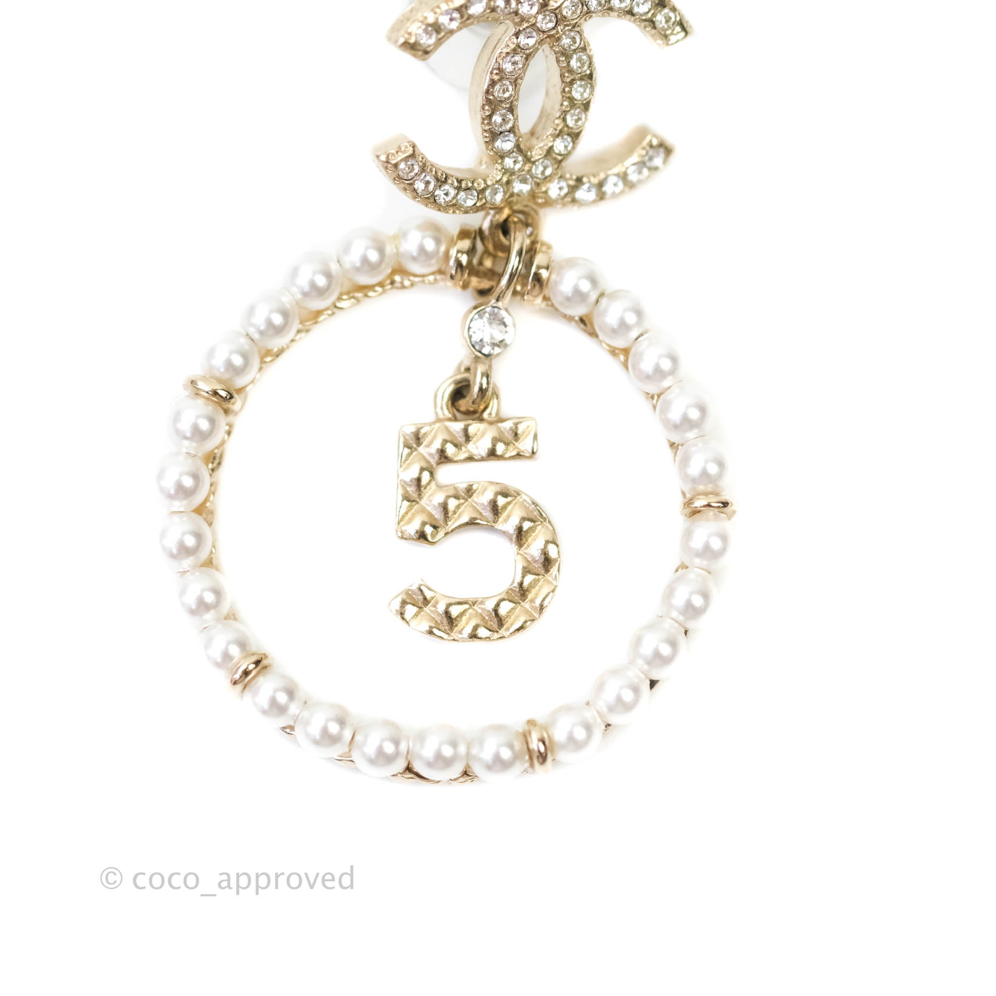 Chanel CC Crystal Pearl Ring & No.5 Drop Earrings Set - Luxury Fashion Jewelry for Women | Perfect for Parties, Weddings & Special Occasions