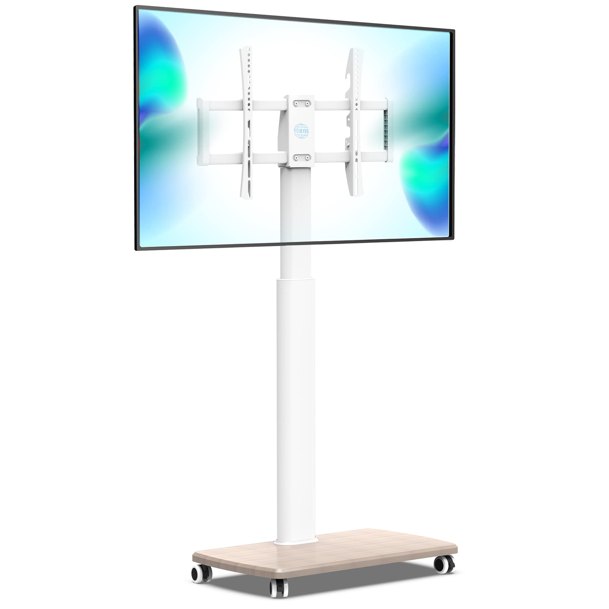 FITUEYES Adjustable Height Mobile TV Stand with Swivel Wheels & Wood Base - Universal for 32 to 65 Inch TVs (White) - Perfect for Living Room, Bedroom, or Office Entertainment Setup