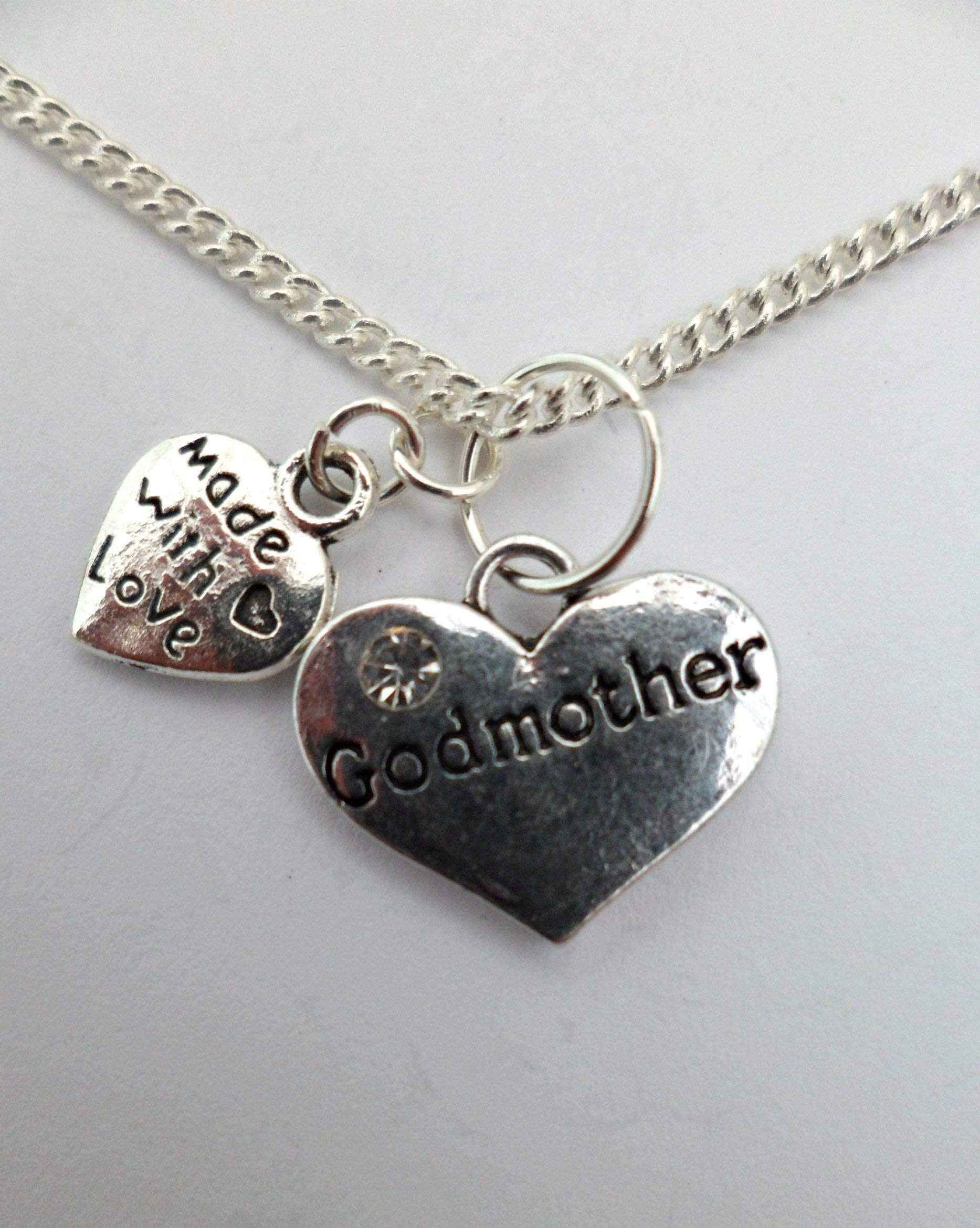 Sterling Silver Godmother Necklace with Heart Charm & Gemstone Pendant - Perfect for Gifts, Baptisms, and Special Occasions